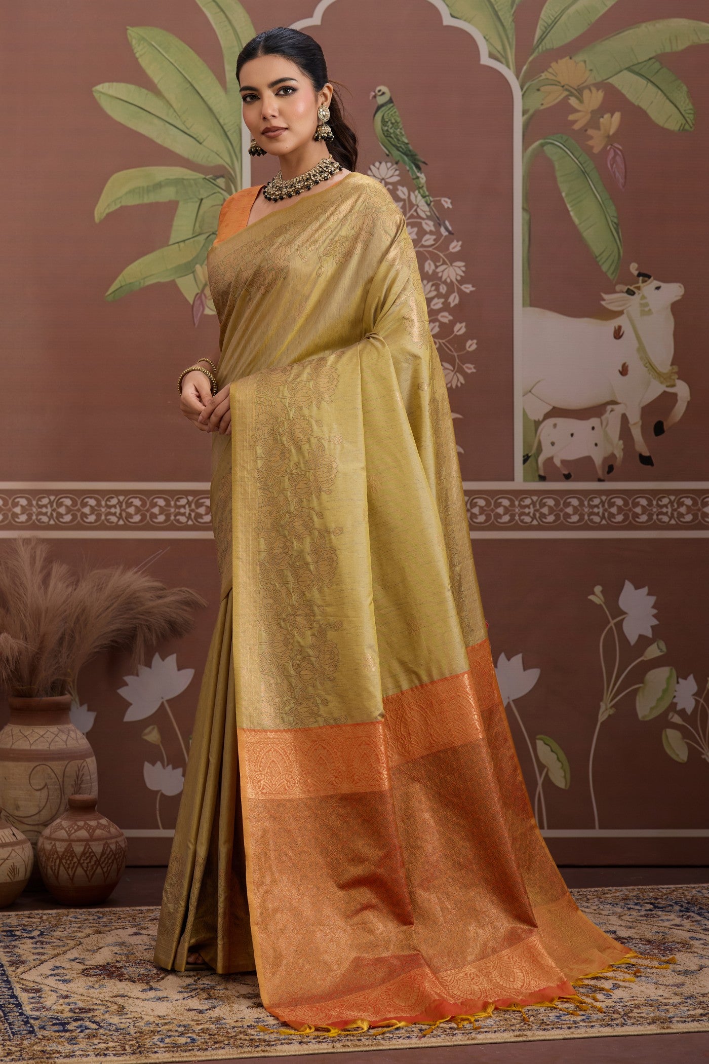 Buy MySilkLove Apple Green Banarasi Handloom Tussar Saree Online