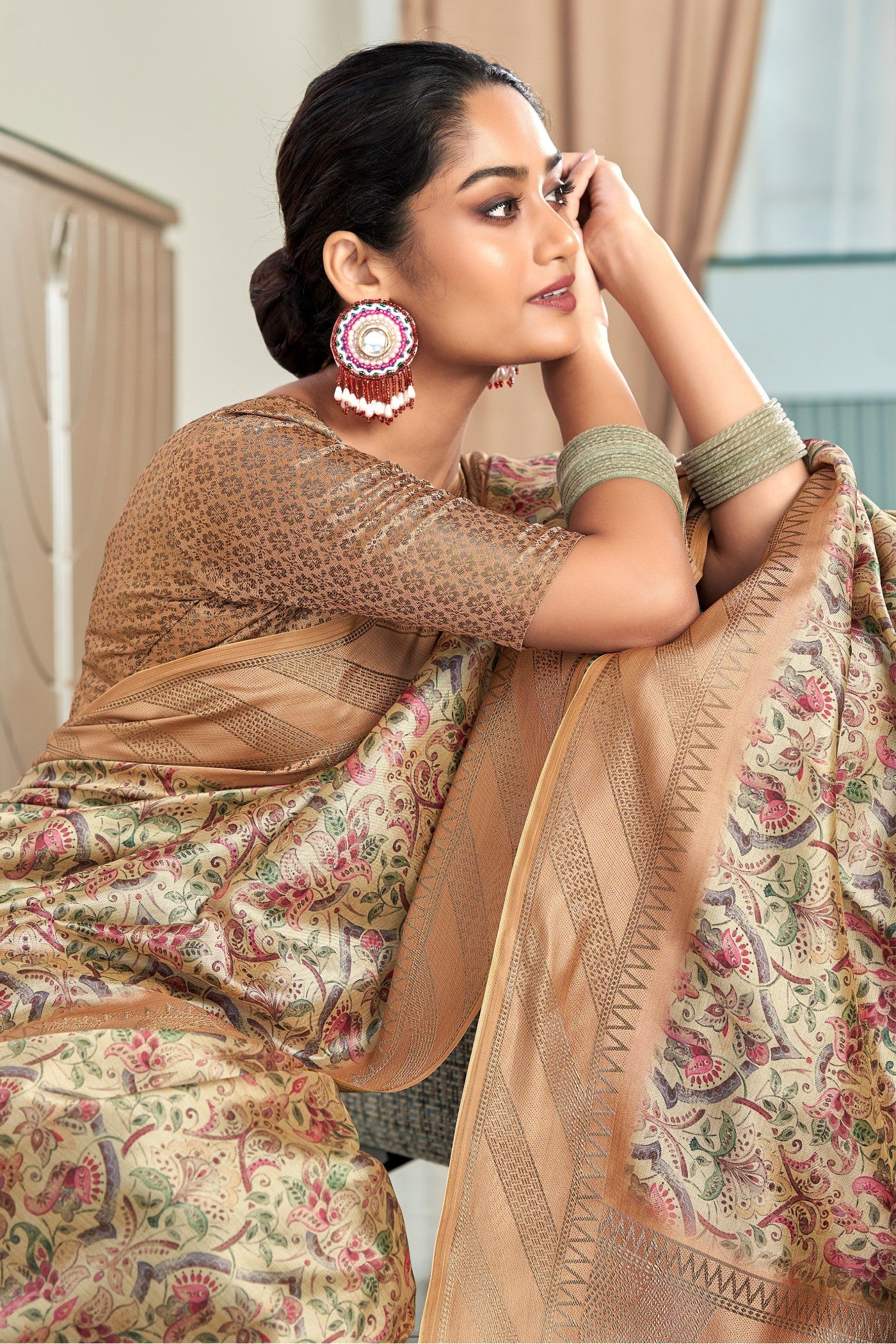 Buy MySilkLove Cameo Cream and Brown Digital Printed Banarasi Saree Online