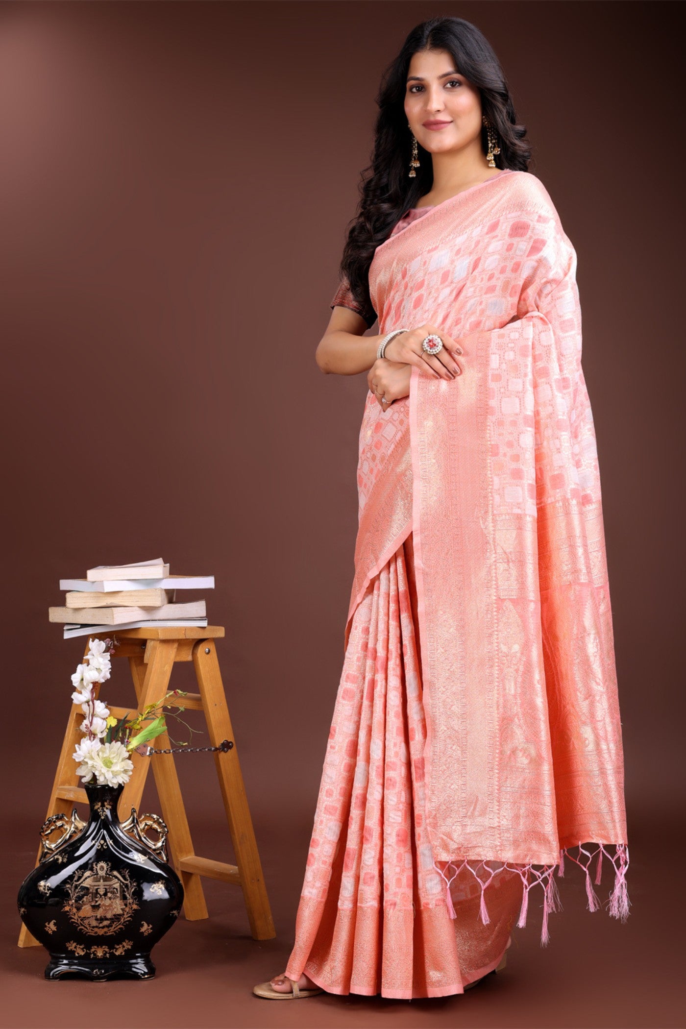 Buy MySilkLove Georgia Peach Woven Linen Cotton Saree Online