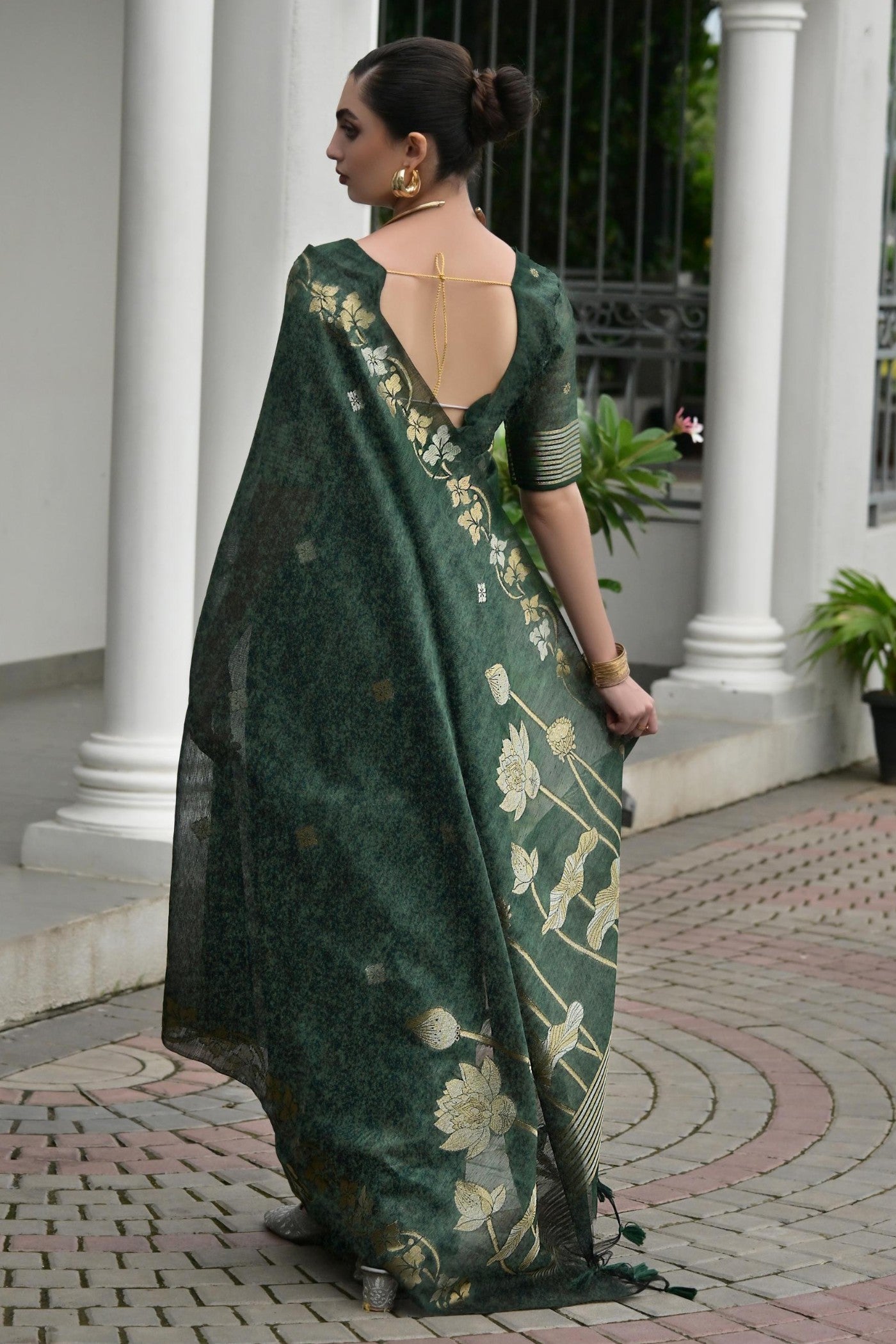 Buy MySilkLove Opal Green Floral Linen Silk Saree Online