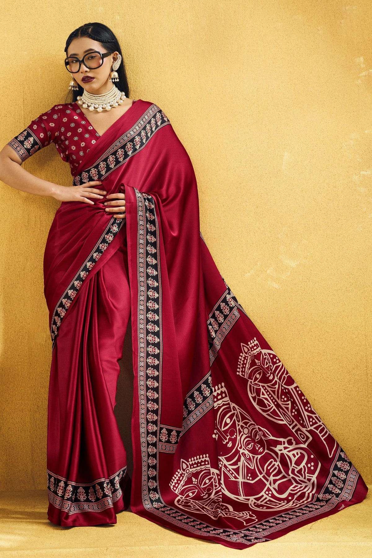 Buy MySilkLove Ruby Red Modal Ajrakh Satin Printed Silk Saree Online