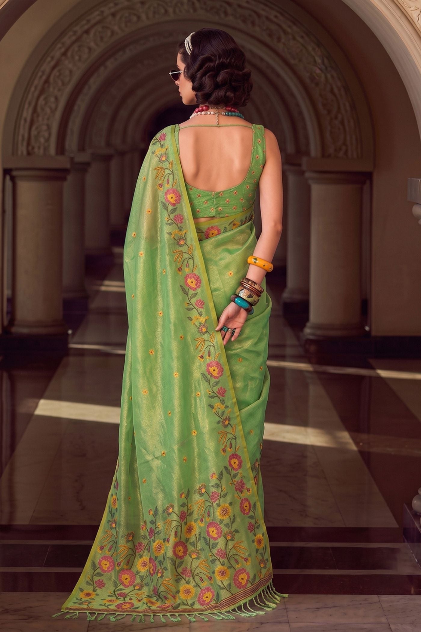 Buy MySilkLove Pista Green Woven Floral Tissue Saree Online
