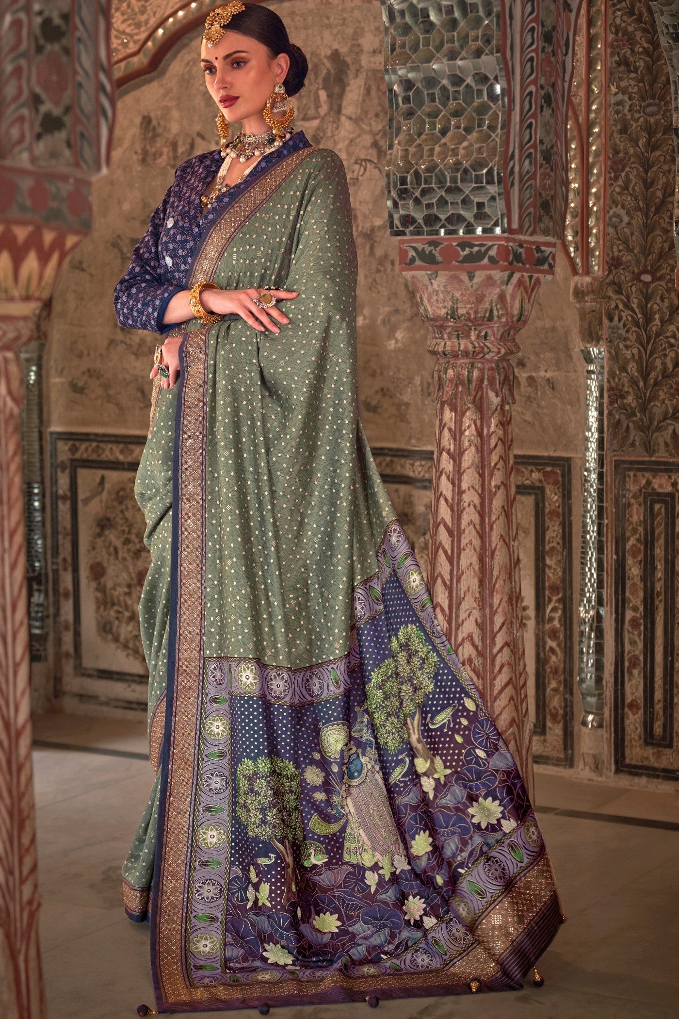 Buy MySilkLove Lime Green Printed Patola Saree Online