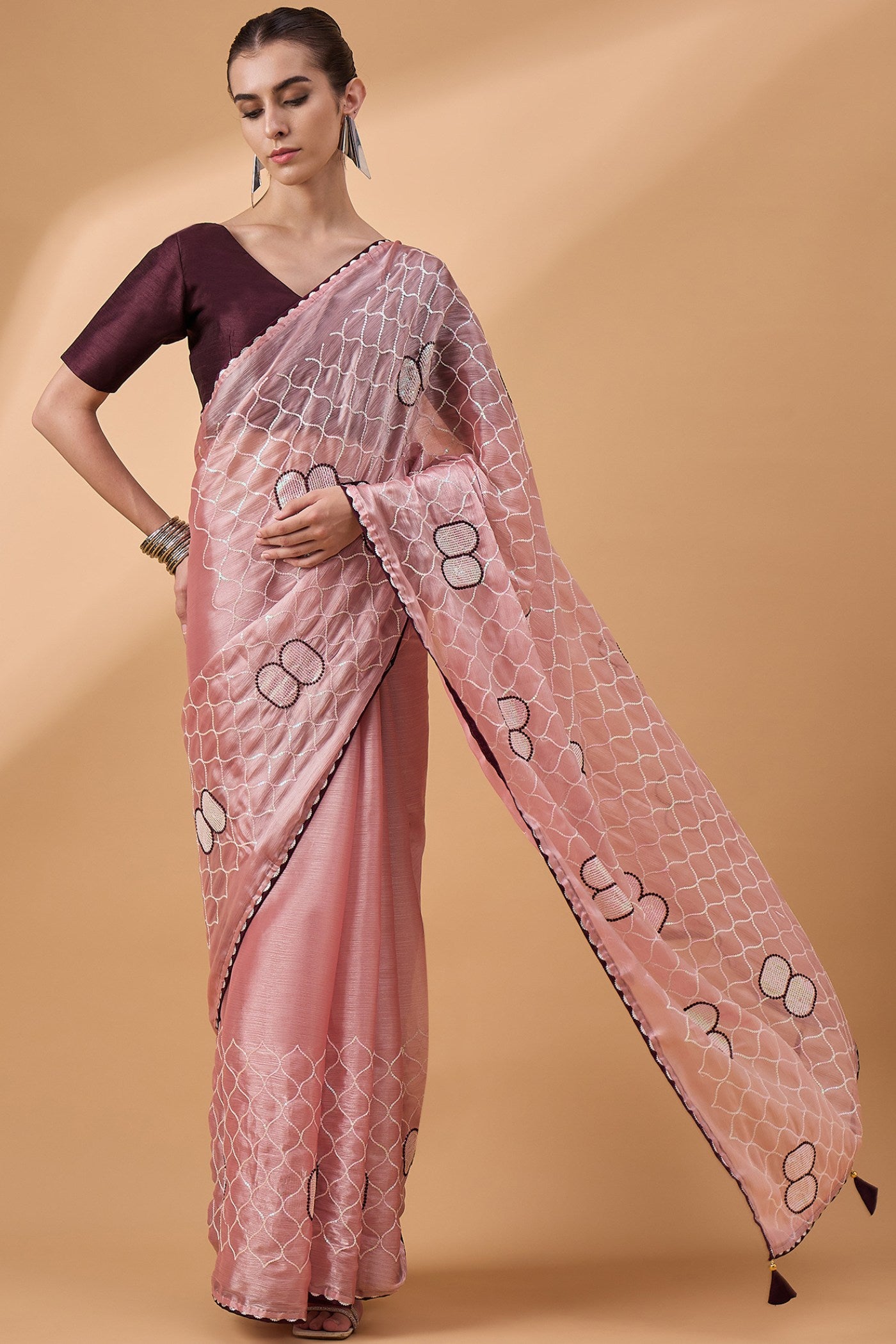 Buy MySilkLove Old Rose Pink Organza Partywear Saree Online