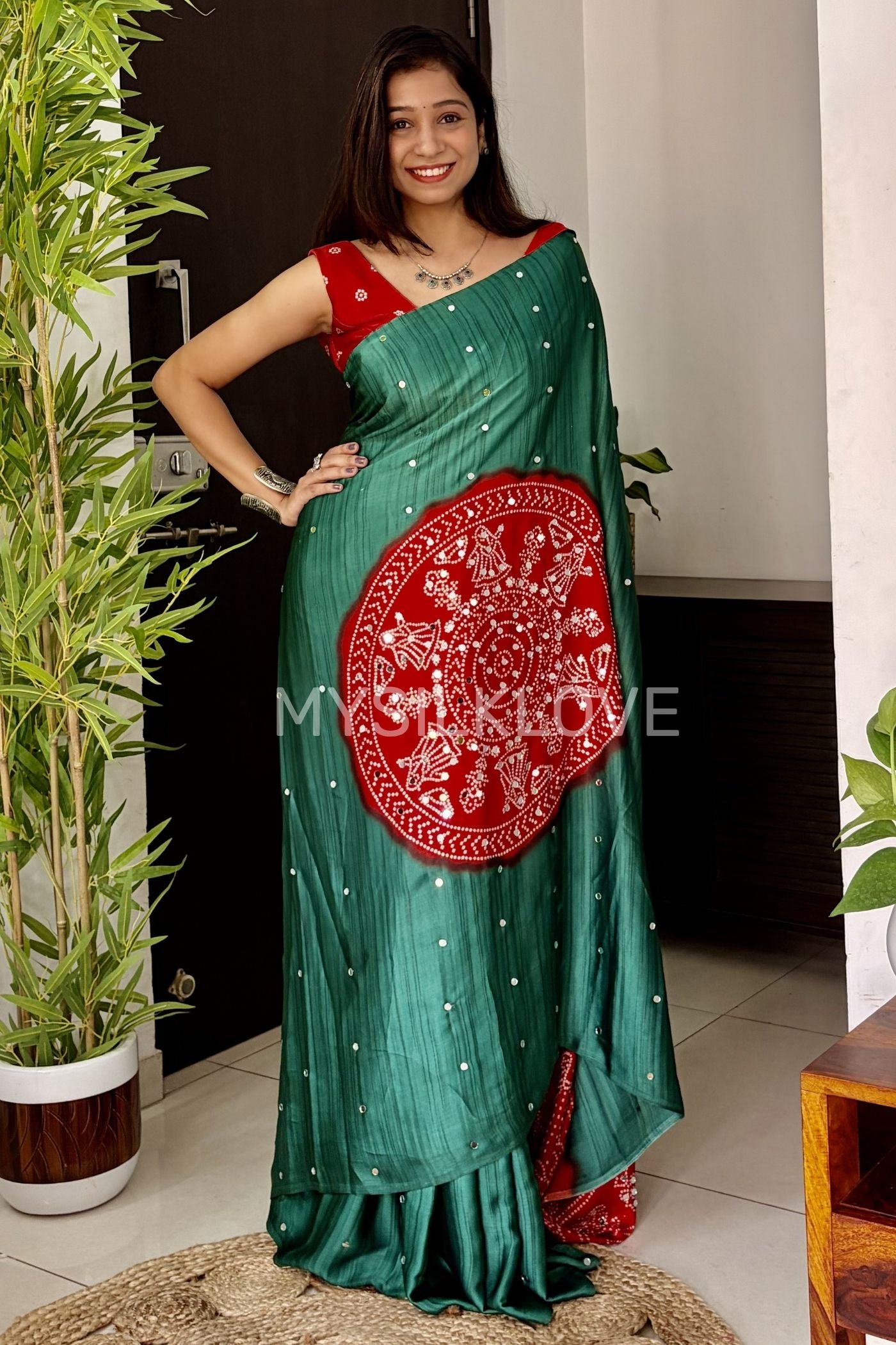 MySilkLove Myrtle Green and Red Gaji Bandej Satin Soft Silk Saree