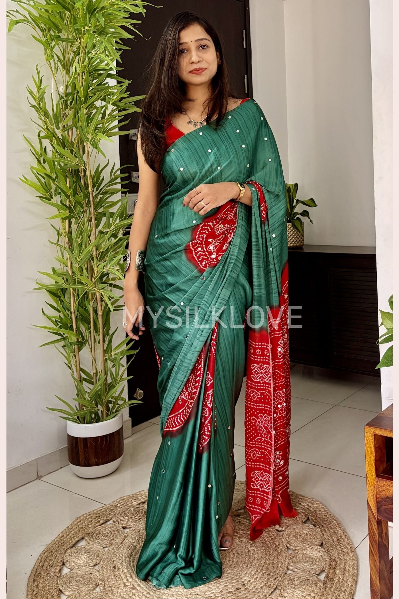 Buy MySilkLove Myrtle Green and Red Gaji Bandej Satin Soft Silk Saree Online