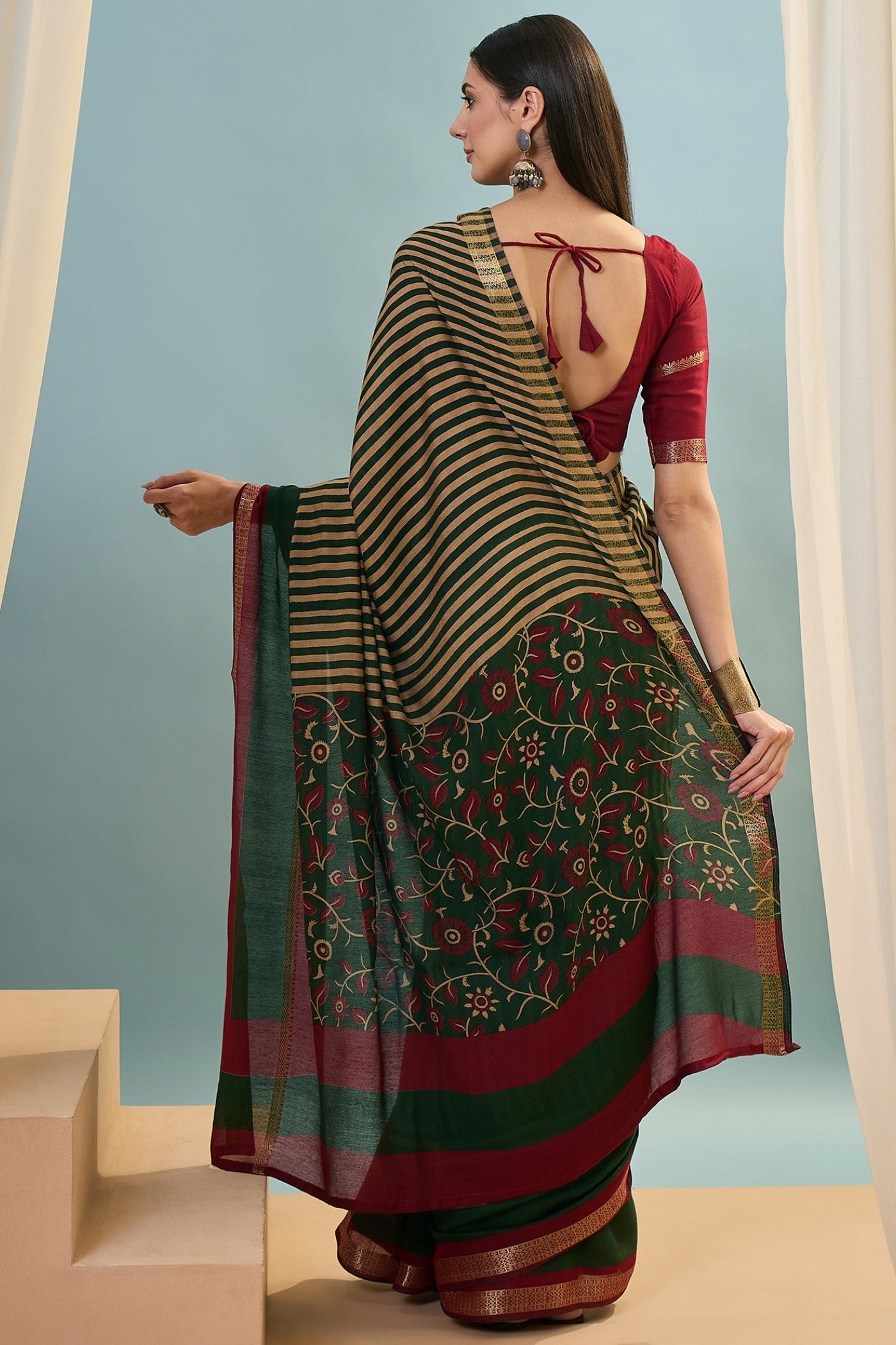 Buy MySilkLove Army Green Woven Cotton Saree Online