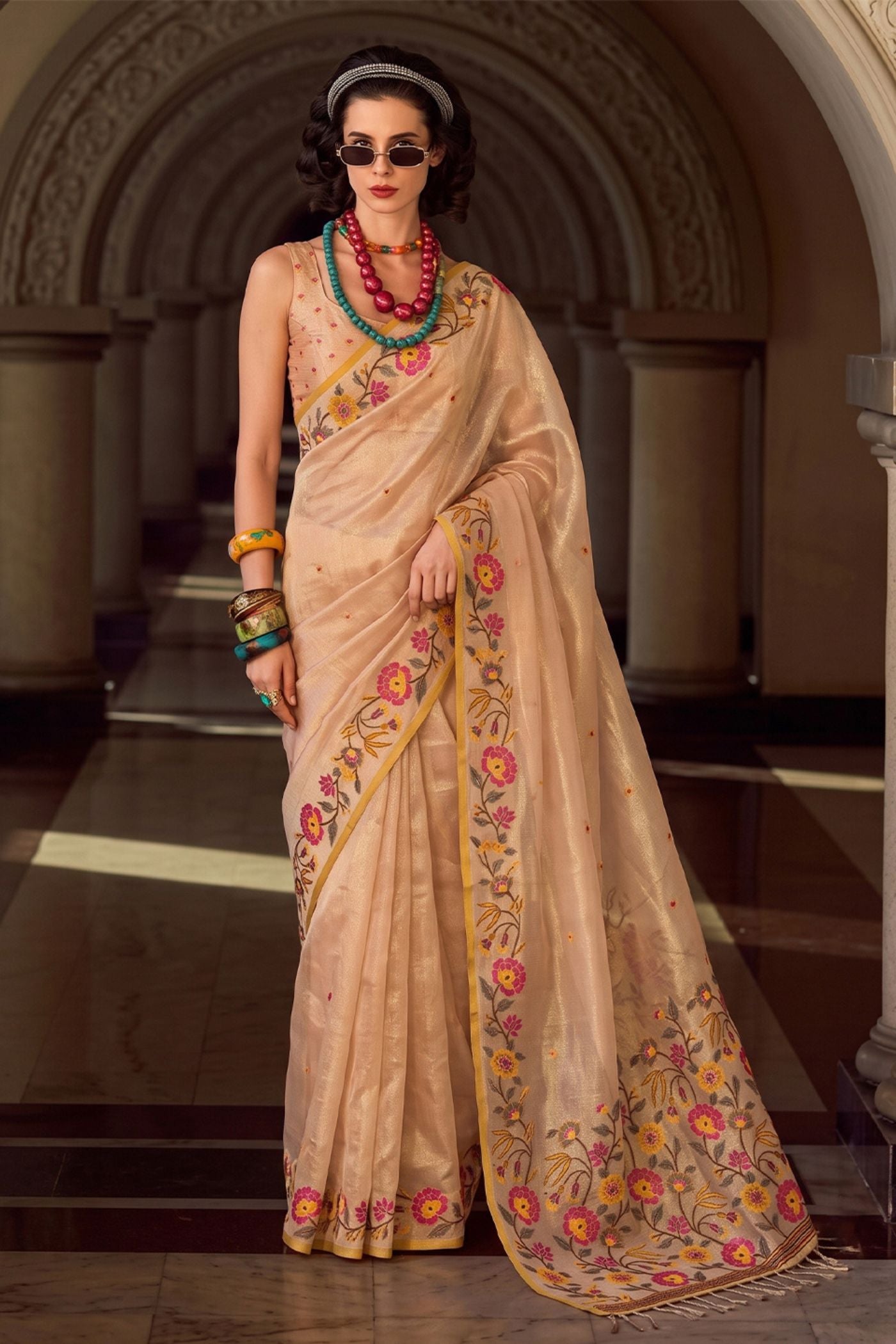 Buy MySilkLove Ecru Cream Woven Floral Tissue Saree Online