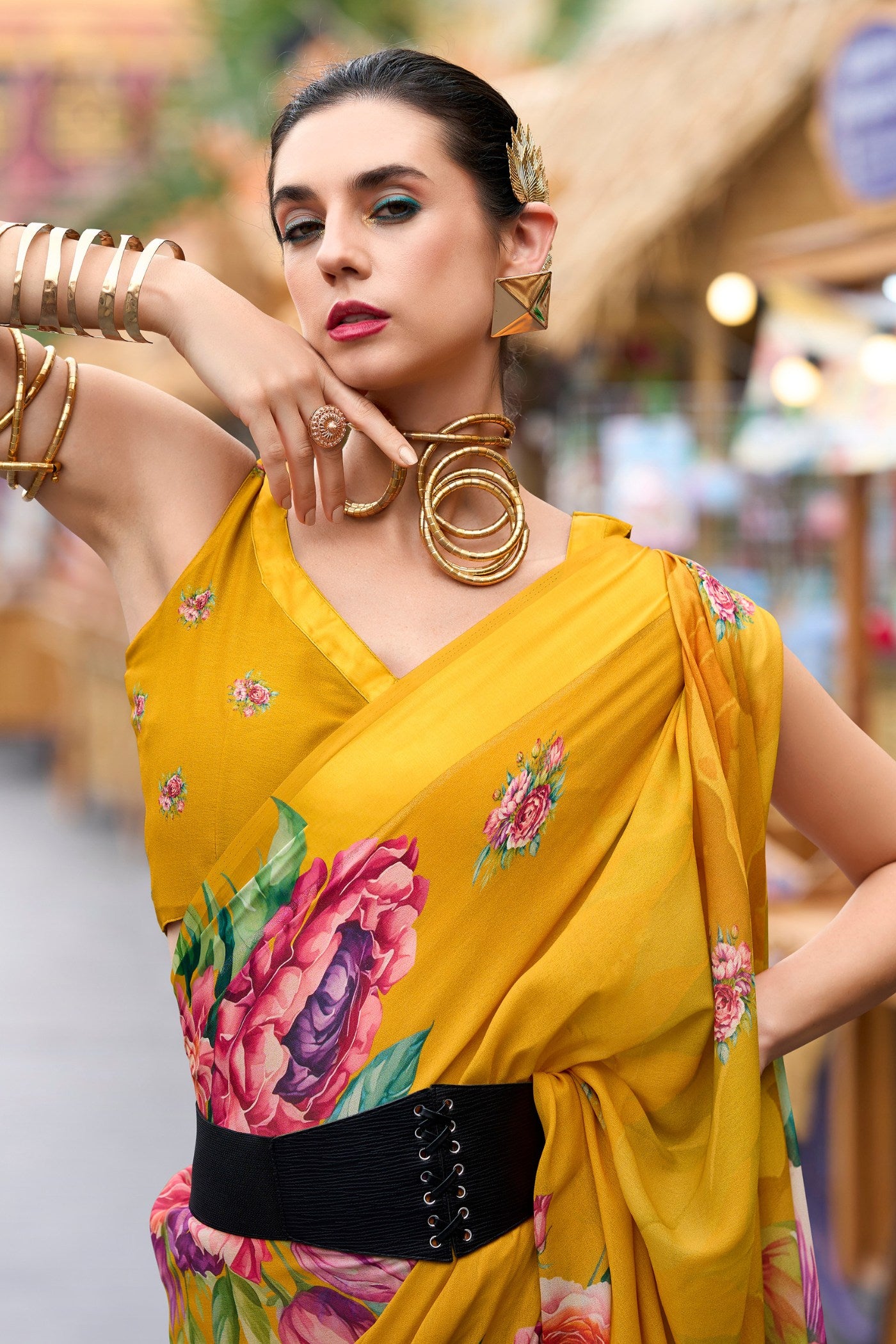 Buy MySilkLove Tree Poppy Yellow Printed Georgette Saree Online