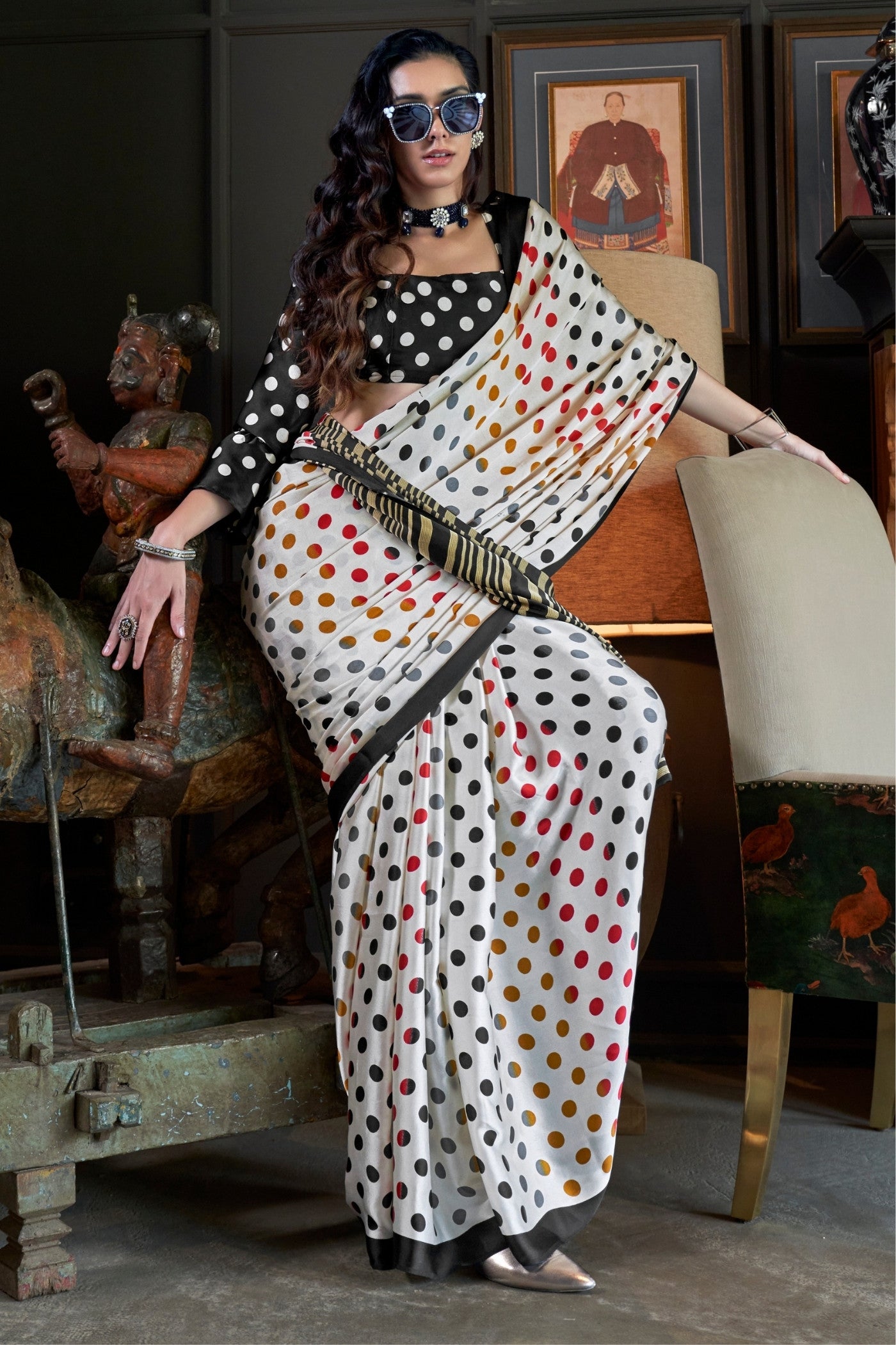 MySilkLove Porcelain White and Black Patola Printed Satin Crepe Saree