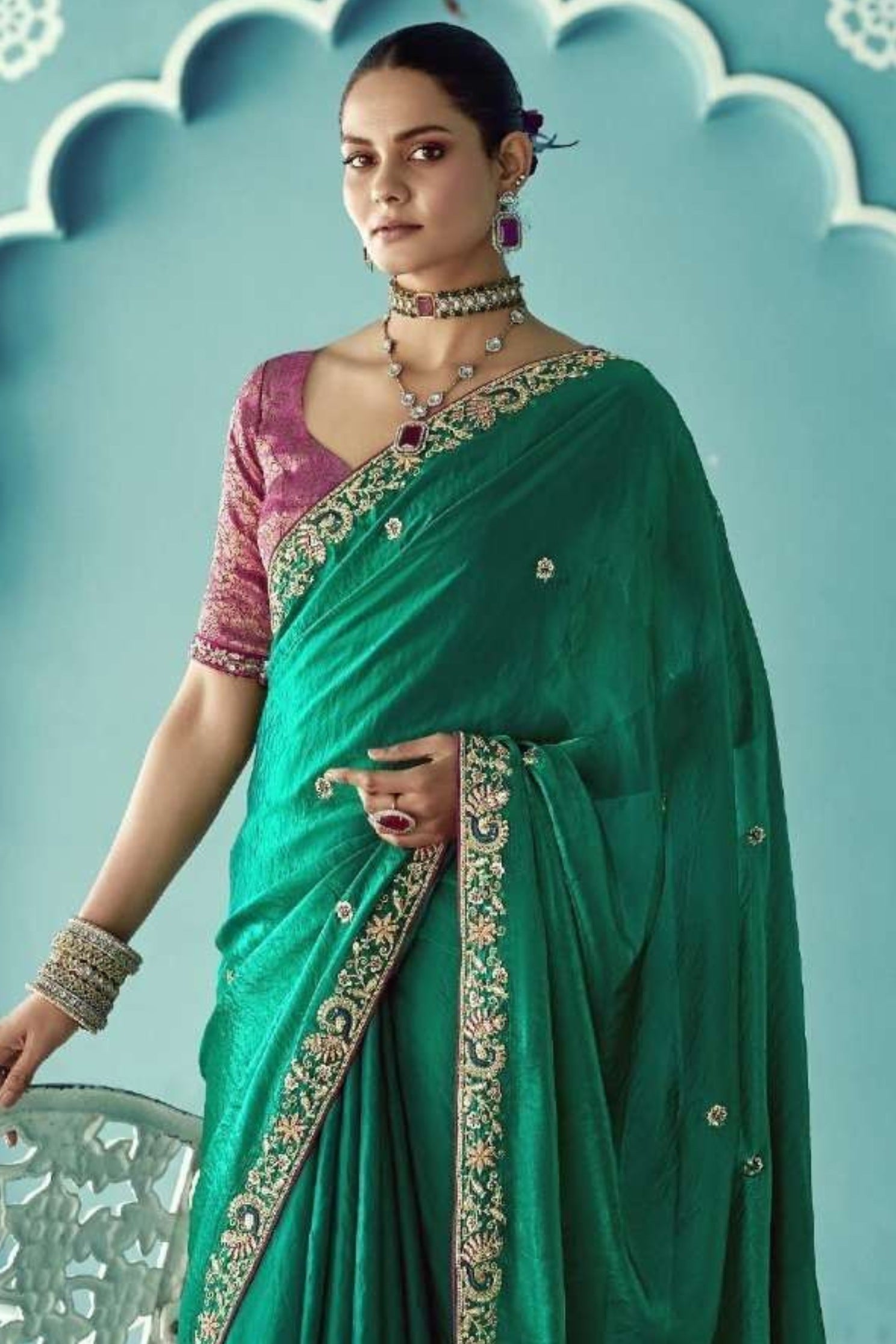 Buy MySilkLove Turtle Green Embroidered Tissue Designer Saree Online