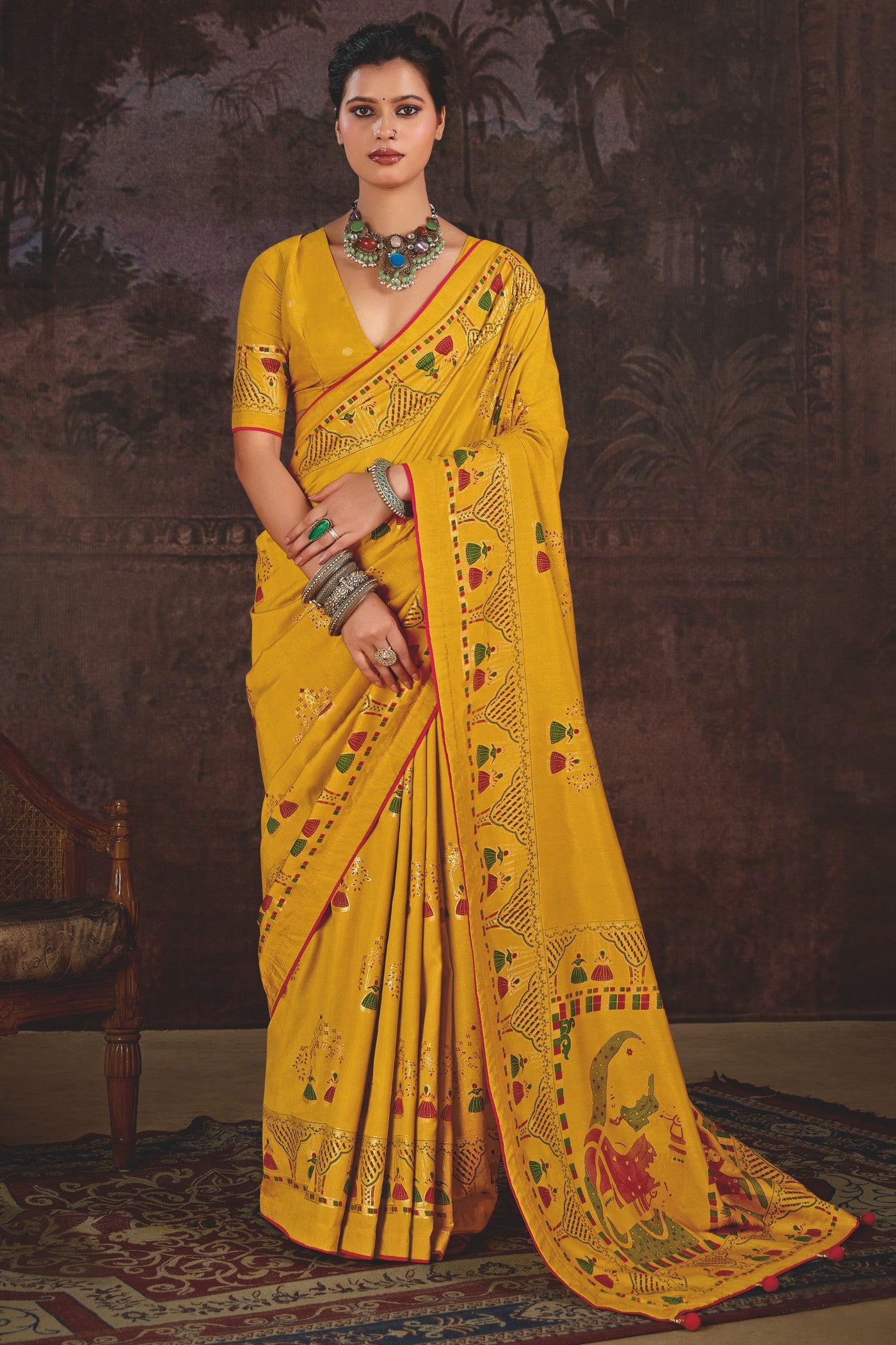 Buy MySilkLove Zest Yellow Tussar Rajwadi Printed Silk Saree Online