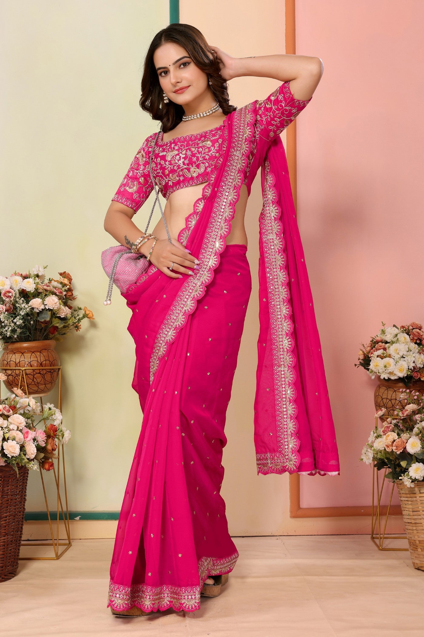 Buy MySilkLove Cerise Pink Organza Designer Partywear Saree Online