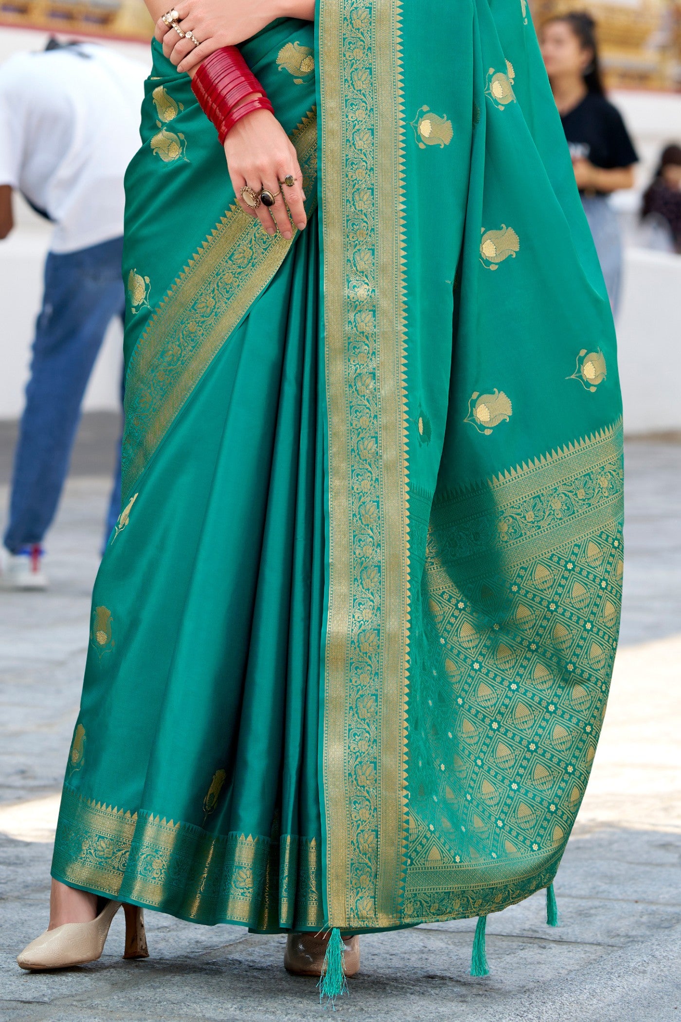 Buy MySilkLove Elf Green Woven Satin Silk Saree Online