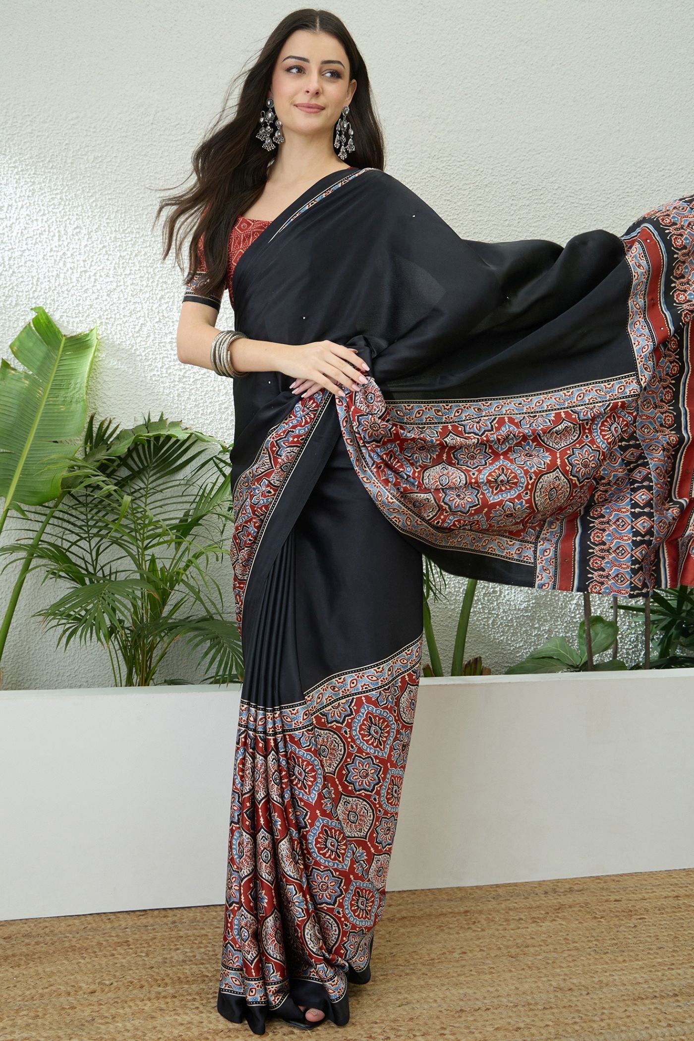 Buy MySilkLove Jet Black and Red Modal Ajrakh Satin Printed Silk Saree Online