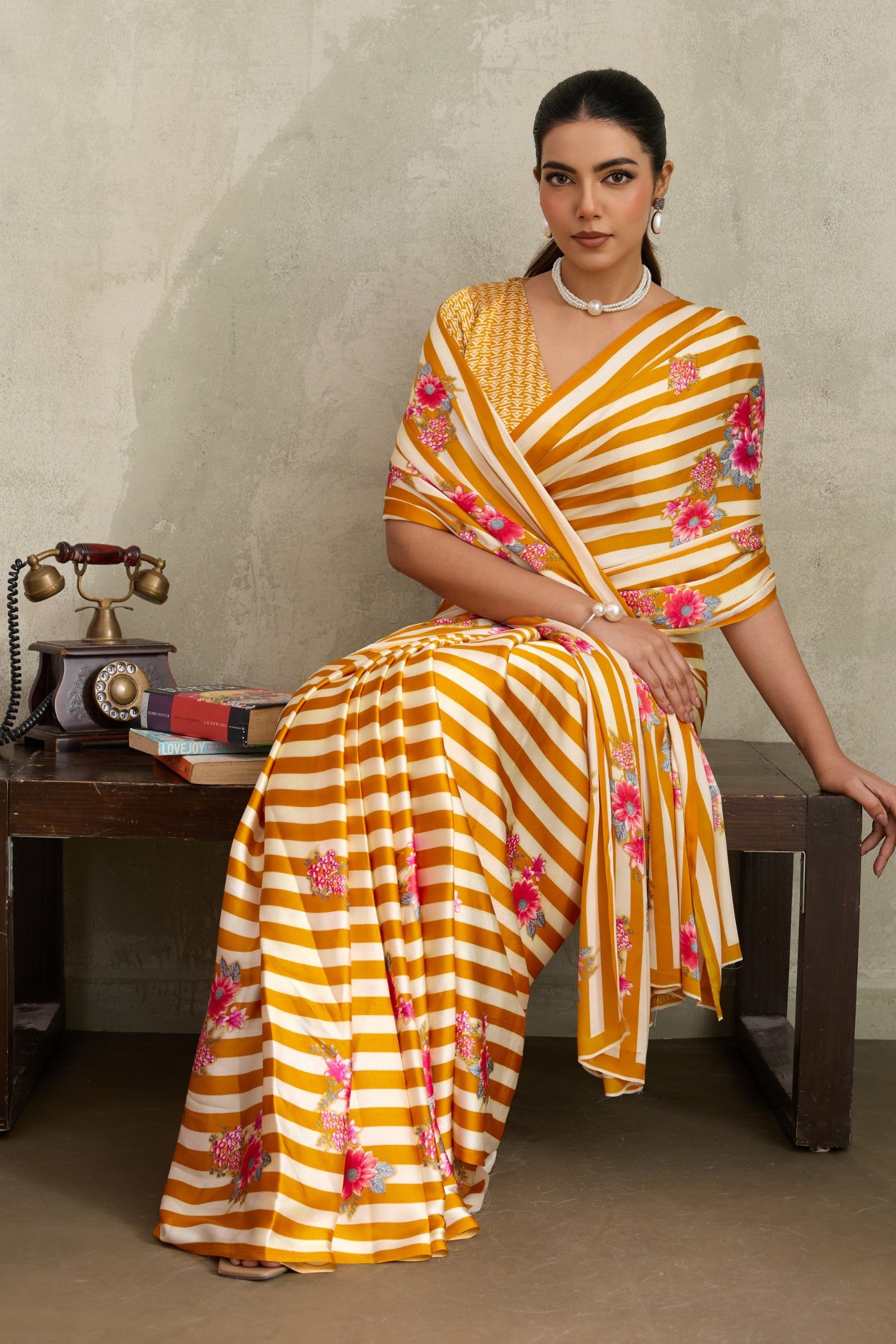 Buy MySilkLove Cyber Yellow Ajrakh Printed Satin Crepe Silk Saree Online