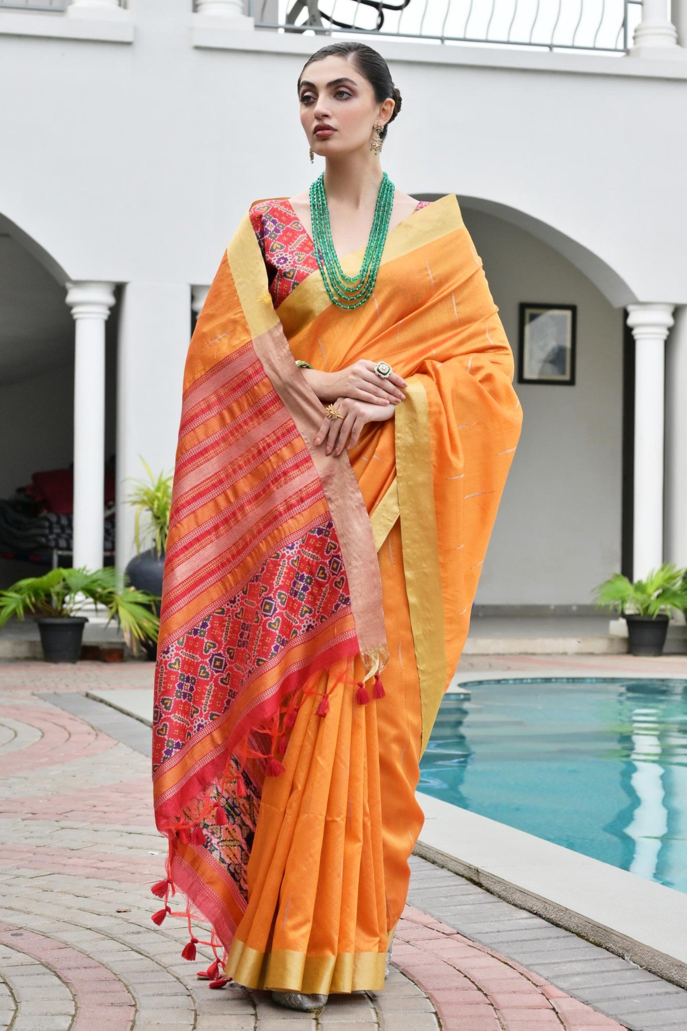 Buy MySilkLove Tiger Orange Meenakari Woven Patola Saree Online