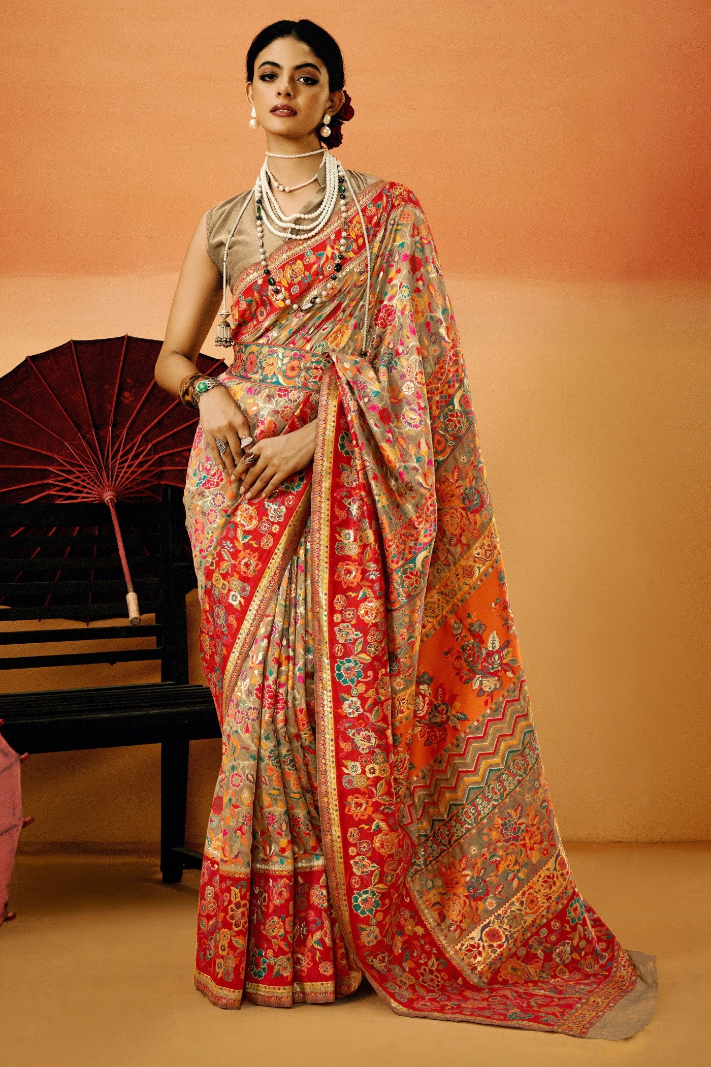 Buy MySilkLove Bistre Brown Kashmiri Handloom Jamewar Saree Online