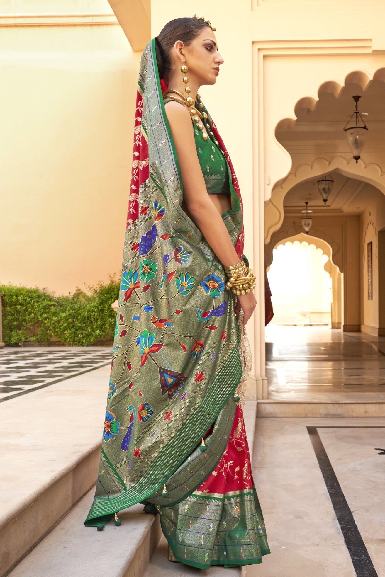 MySilkLove Fire Red and Green Woven Paithani Designer Saree