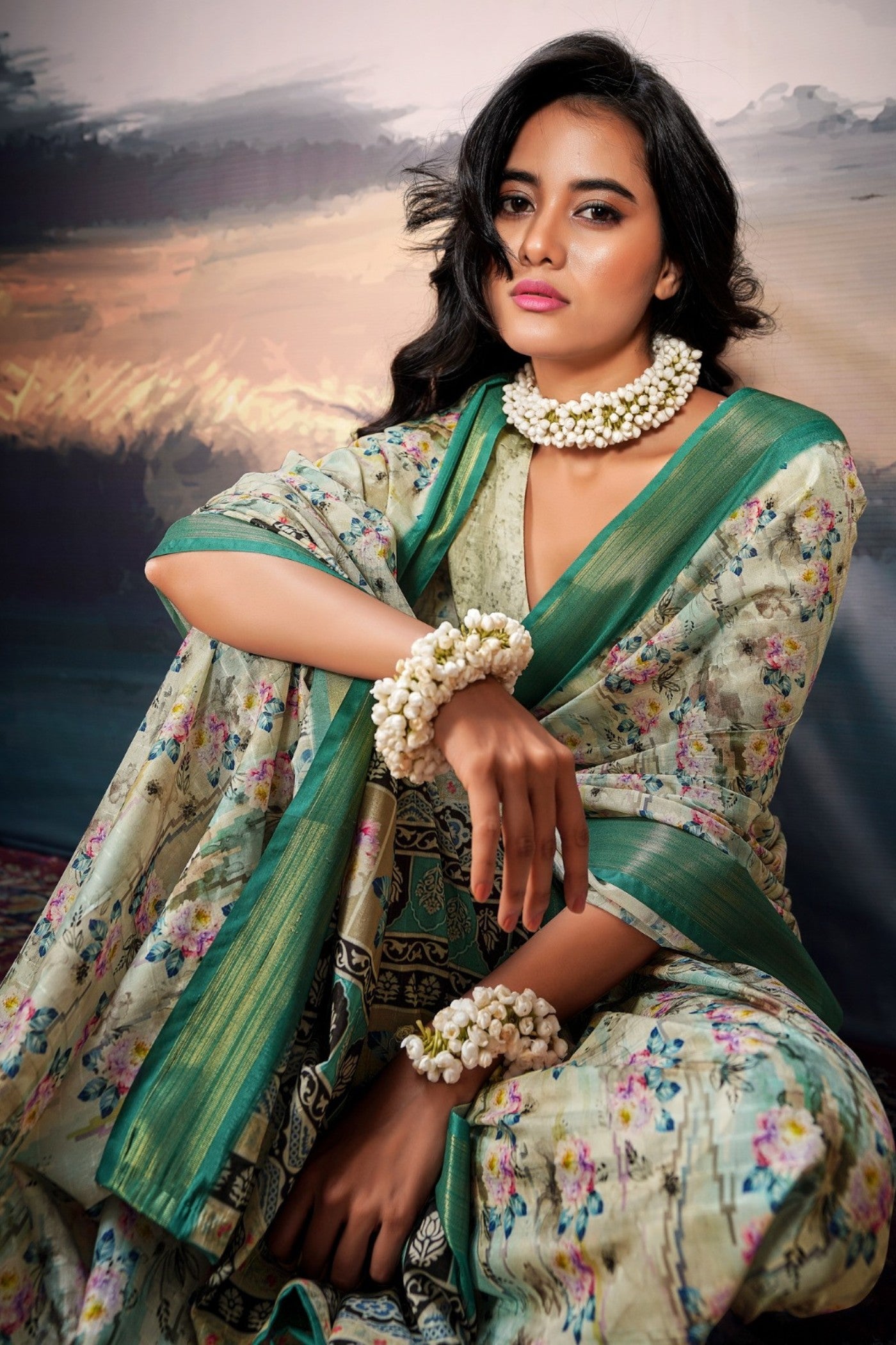 Buy MySilkLove Pale Oyster Green Digital Printed Cotton Saree Online