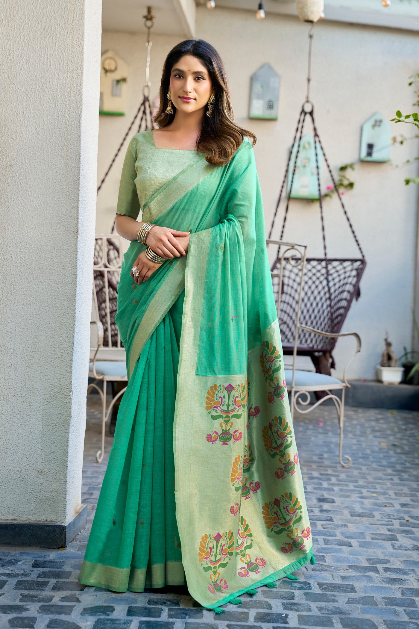 Buy MySilkLove Viridian Green Handloom Cotton Saree Online