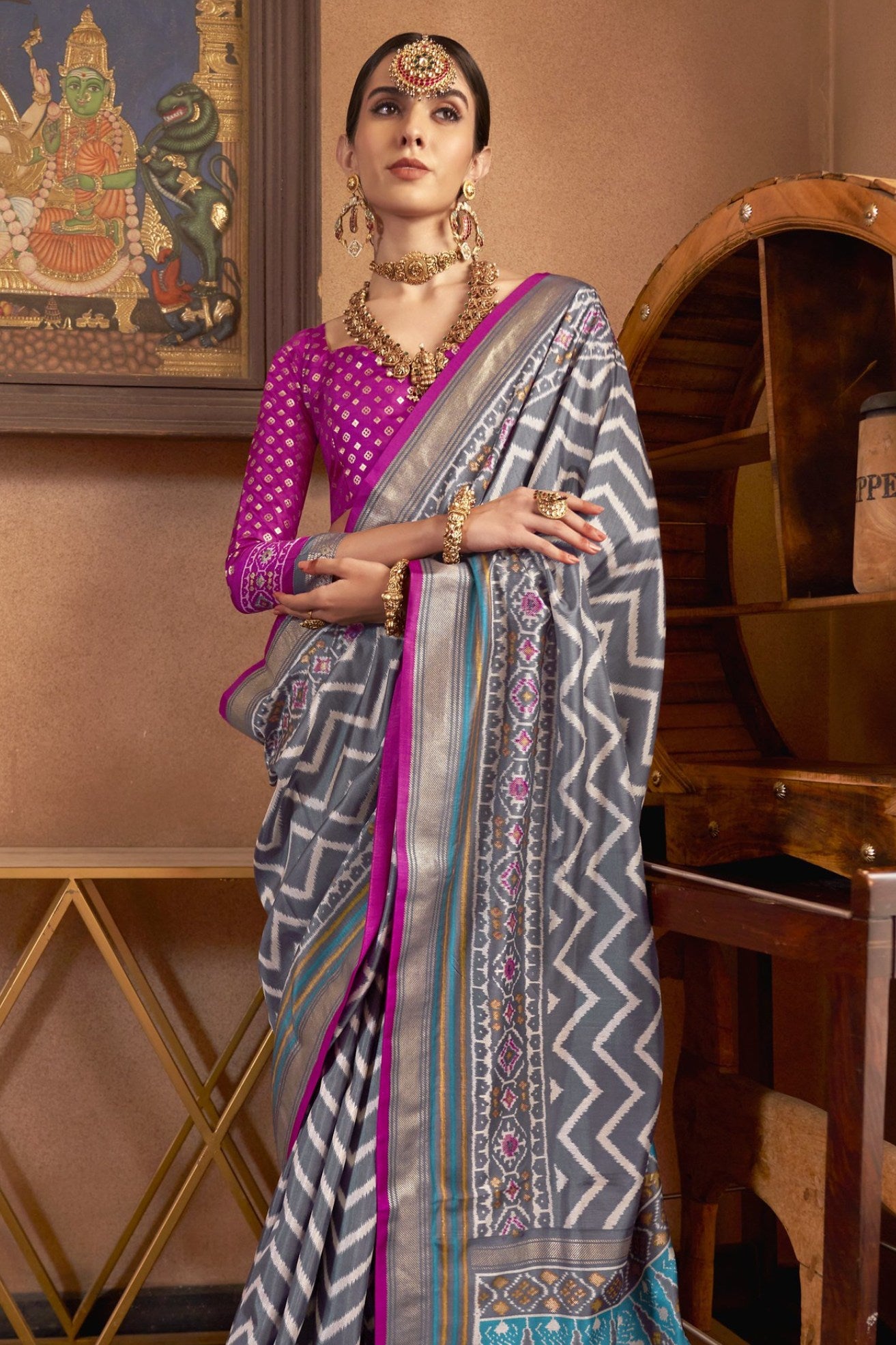 Buy MySilkLove Nobel Grey Printed Patola Saree Online