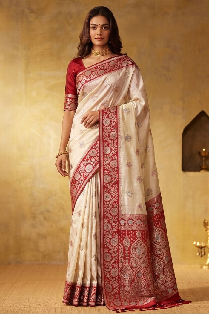 Buy MySilkLove Alabaster Cream Woven Banarasi Saree Online