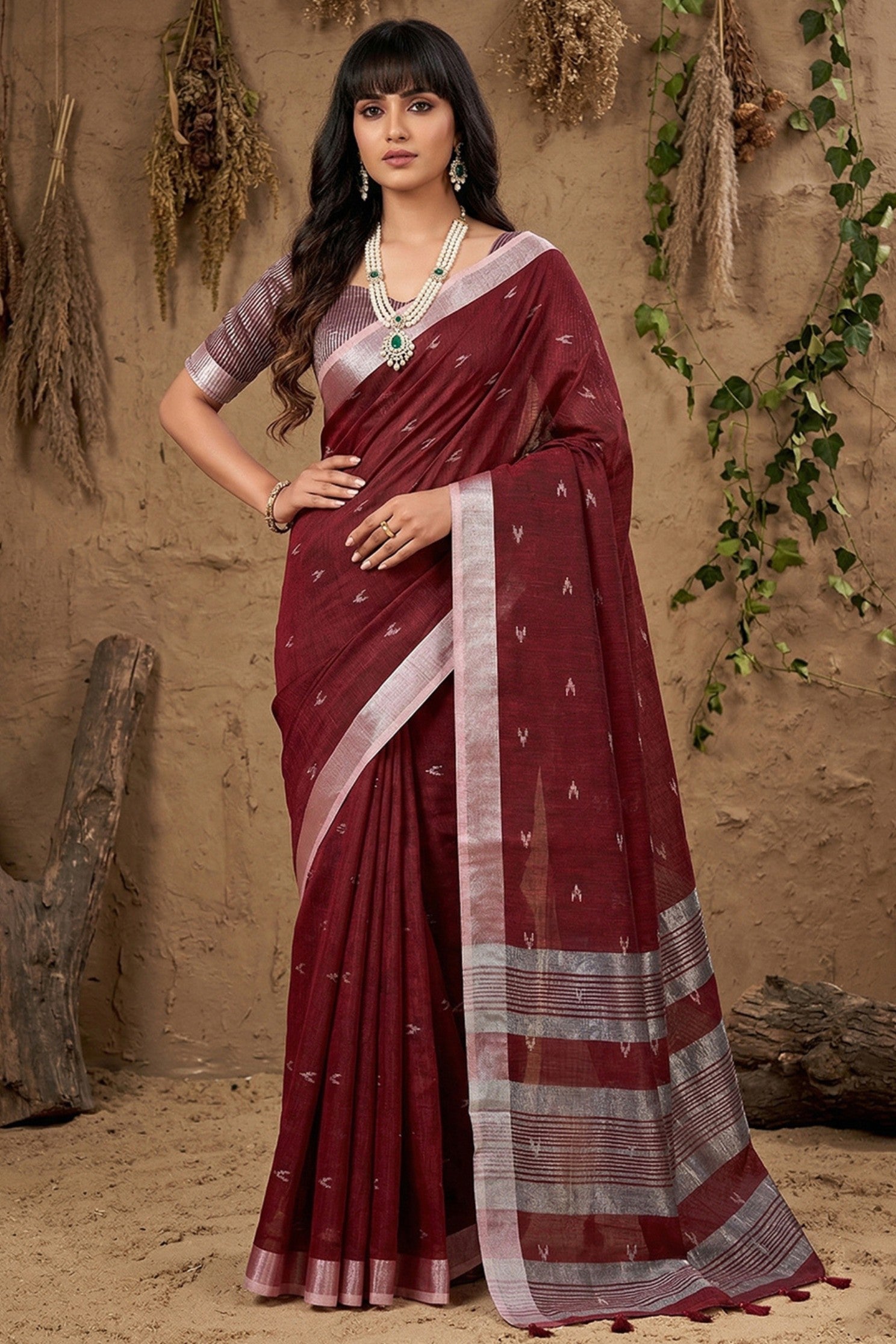 Buy MySilkLove Deep Maroon Woven Linen Cotton Saree Online