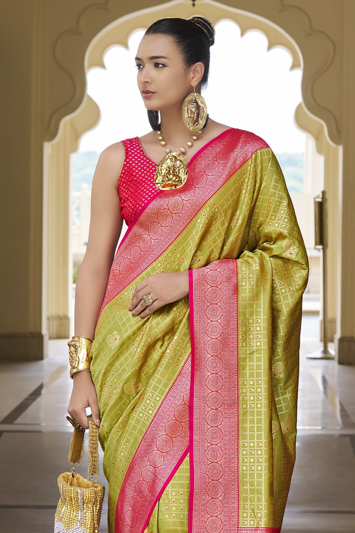 Buy MySilkLove Straw Green Woven Kanjivaram Saree Online