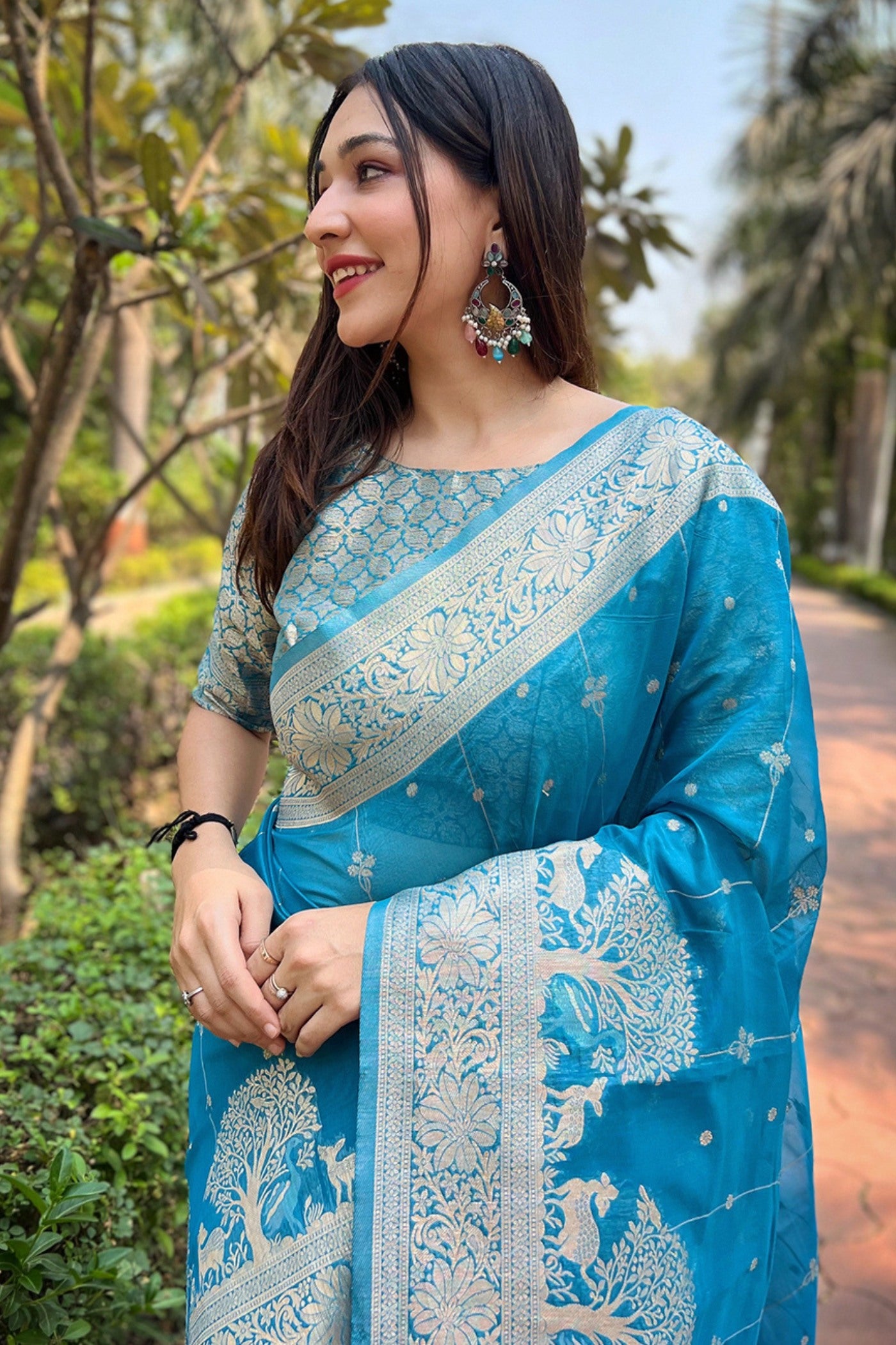 Buy MySilkLove Winter Sky Blue Woven Organza Saree Online