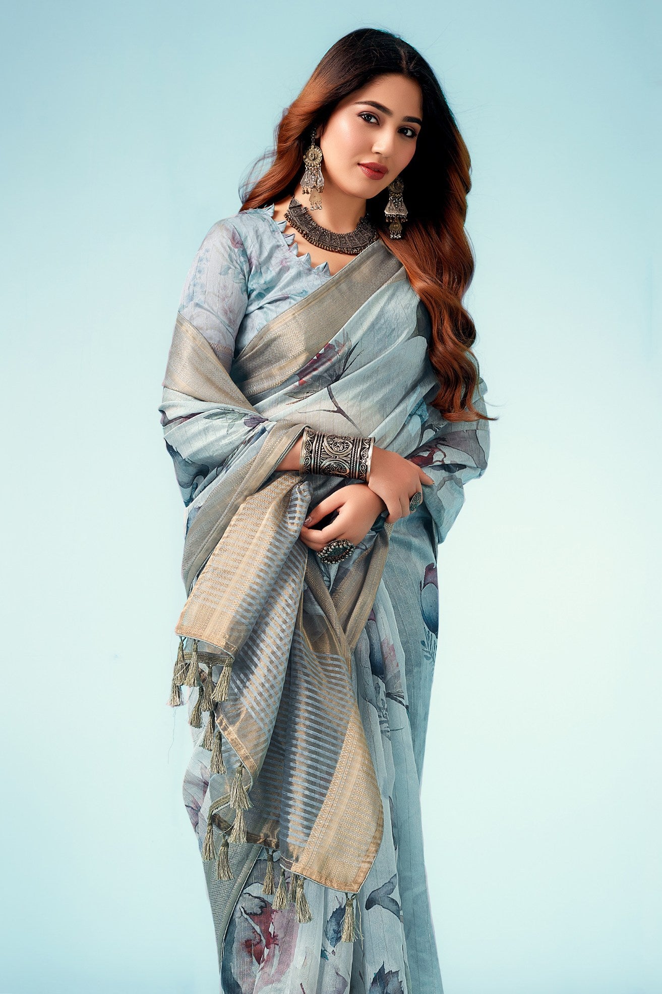 Buy MySilkLove Cascade Blue Floral Linen Saree Online