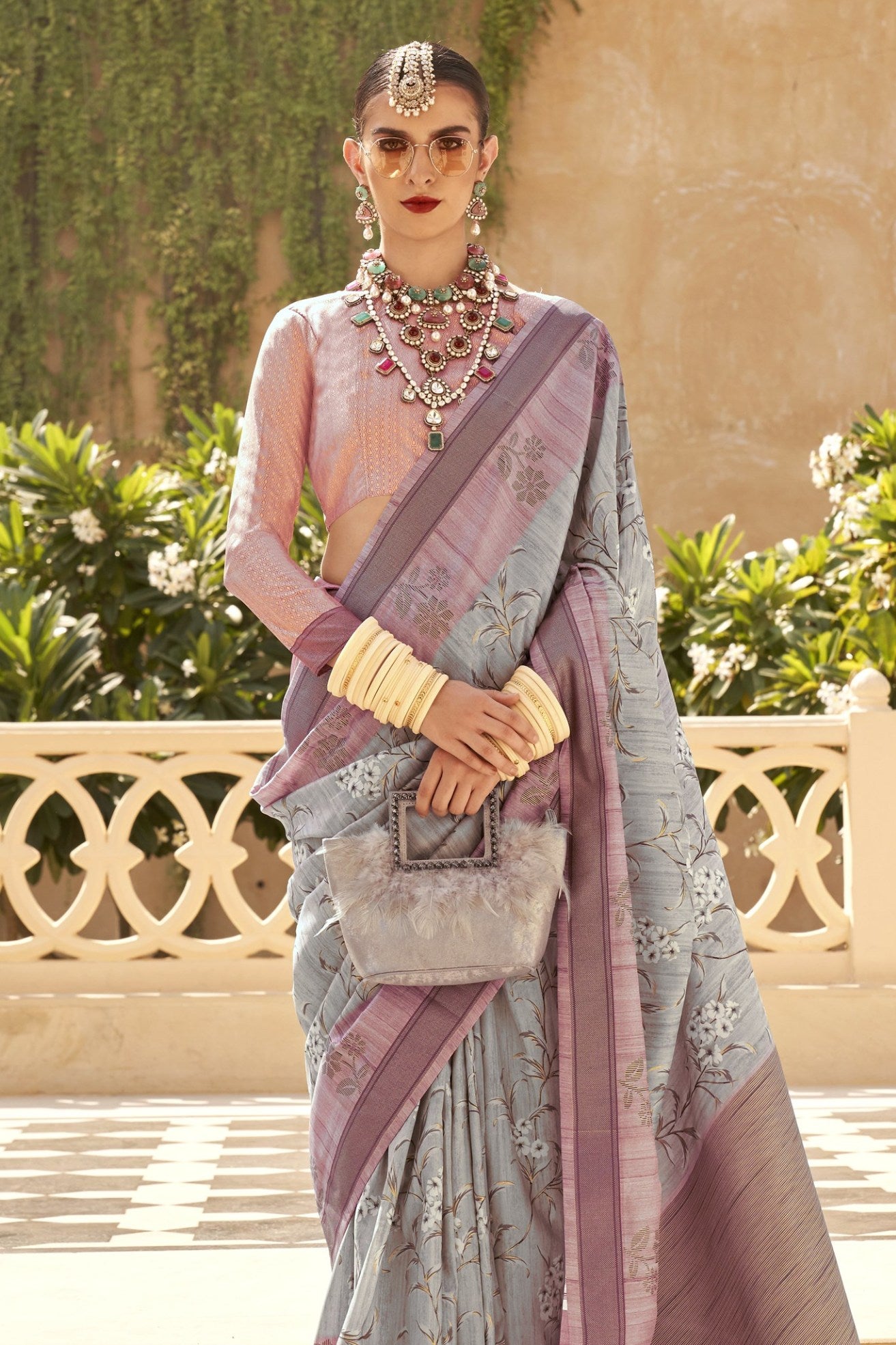 Buy MySilkLove Cloudy Grey and Pink Banarasi Handloom Saree Online