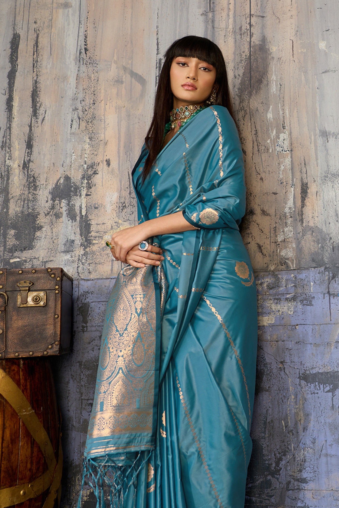Buy MySilkLove Rail Blue Handloom Satin Silk Saree Online