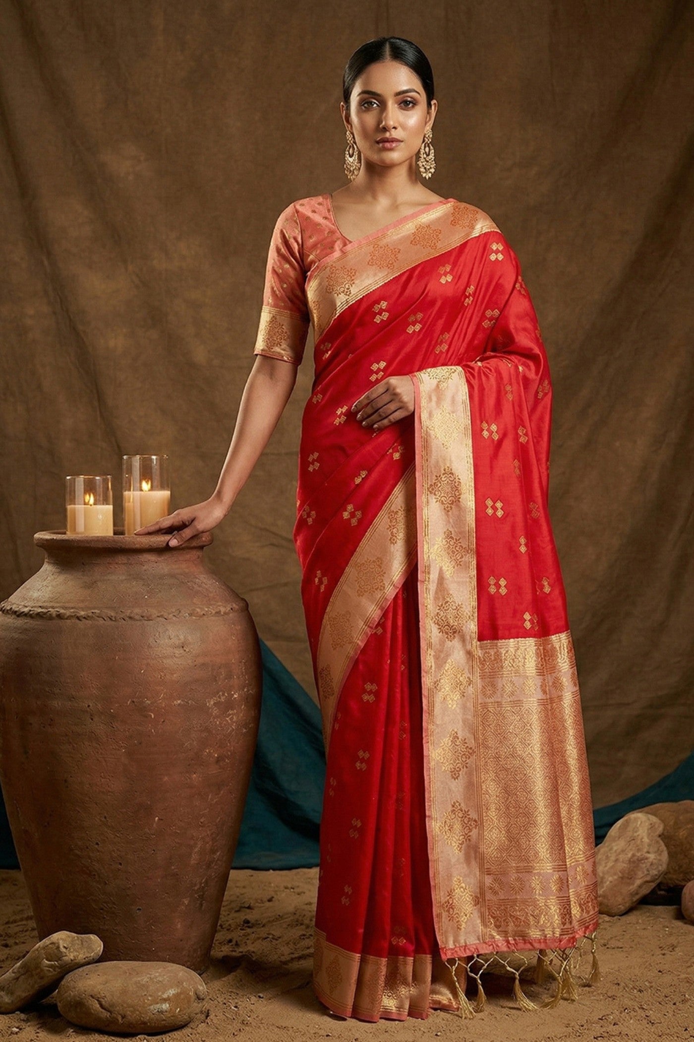 Buy MySilkLove Batorange Red Woven Banarasi Soft Silk Saree Online