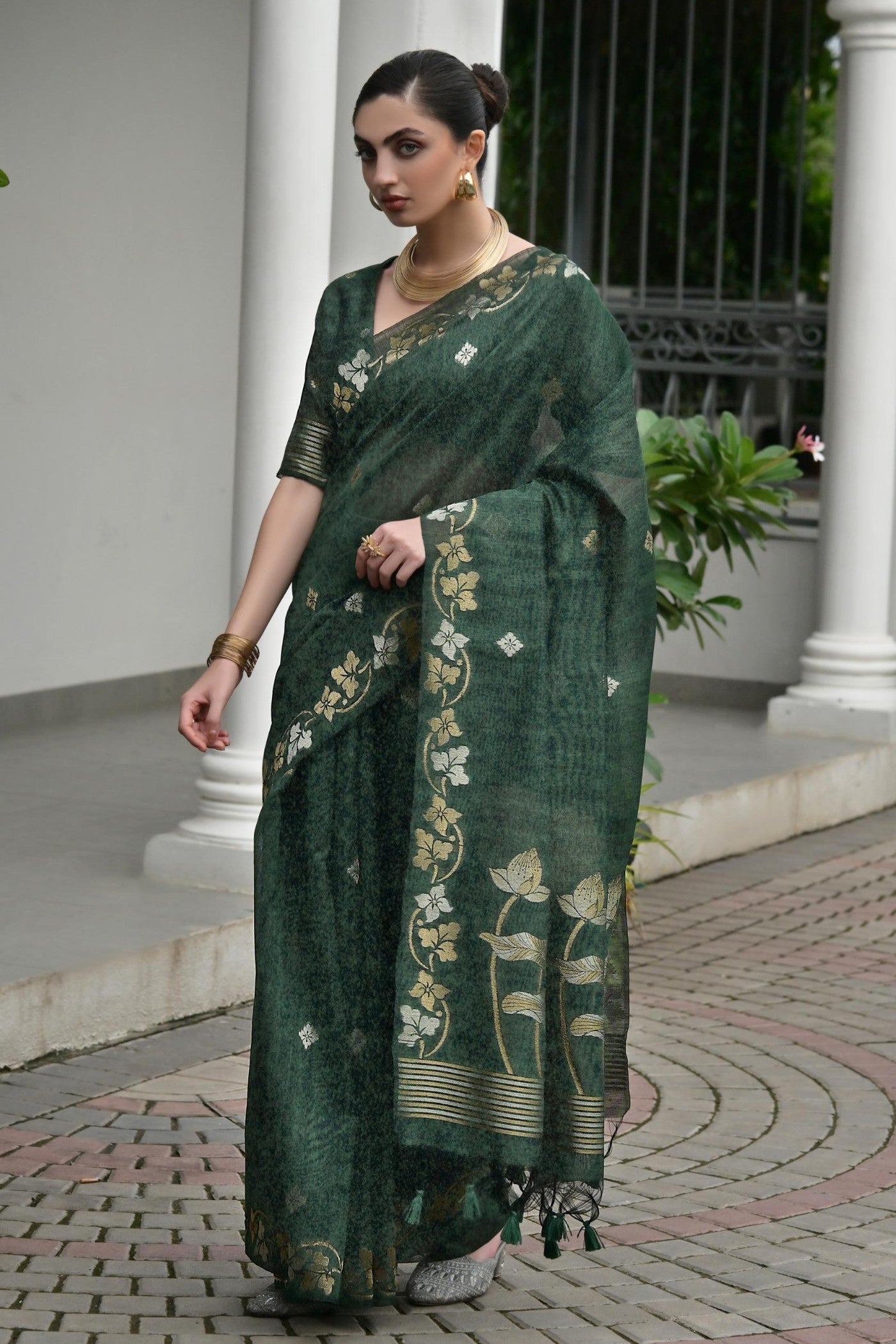 Buy MySilkLove Opal Green Floral Linen Silk Saree Online
