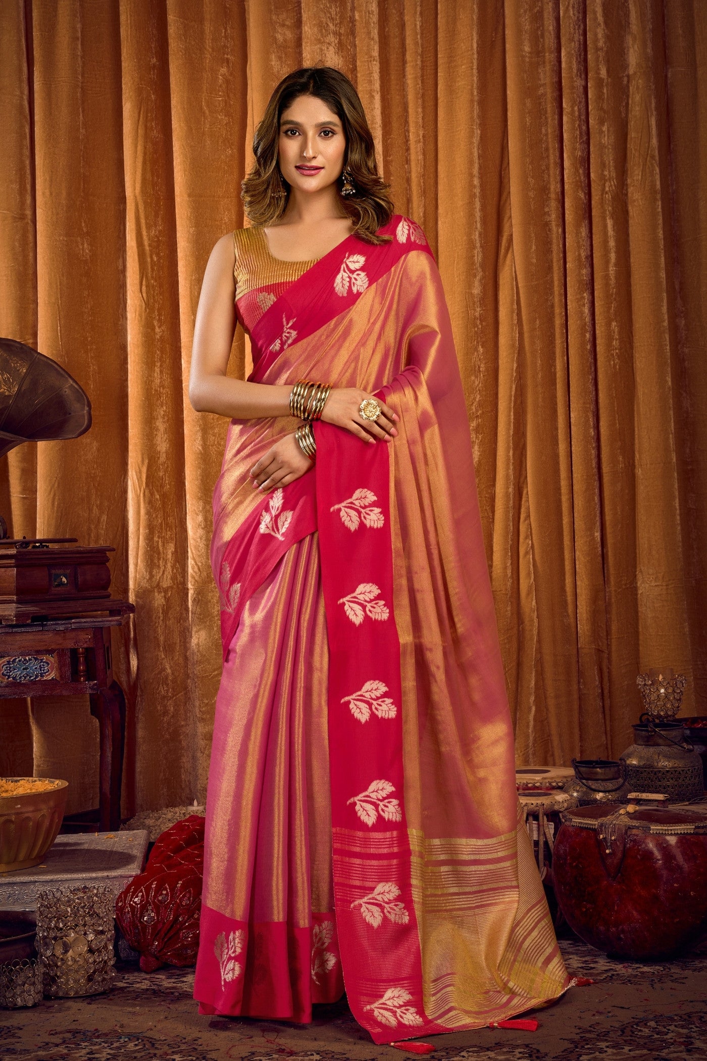 Buy MySilkLove Shiney Peach Woven Tissue Saree Online