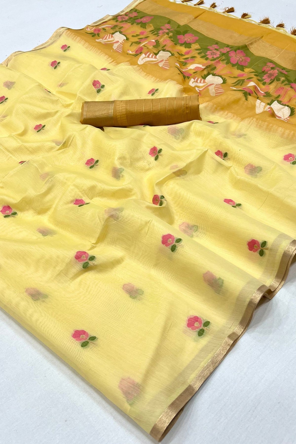 Buy MySilkLove Primrose Yellow Cotton Handloom Swan Saree Online