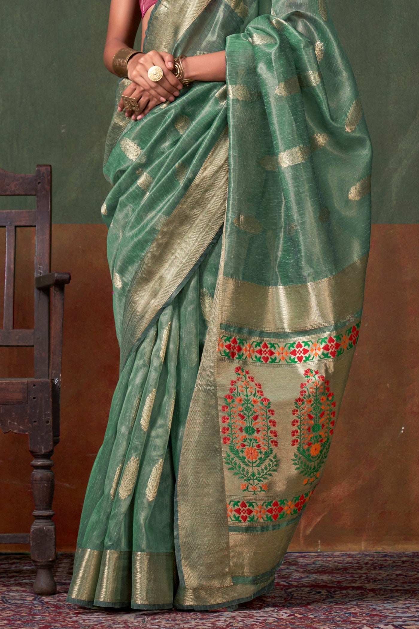 Buy MySilkLove Viridian Green Banarasi Handloom Saree Online