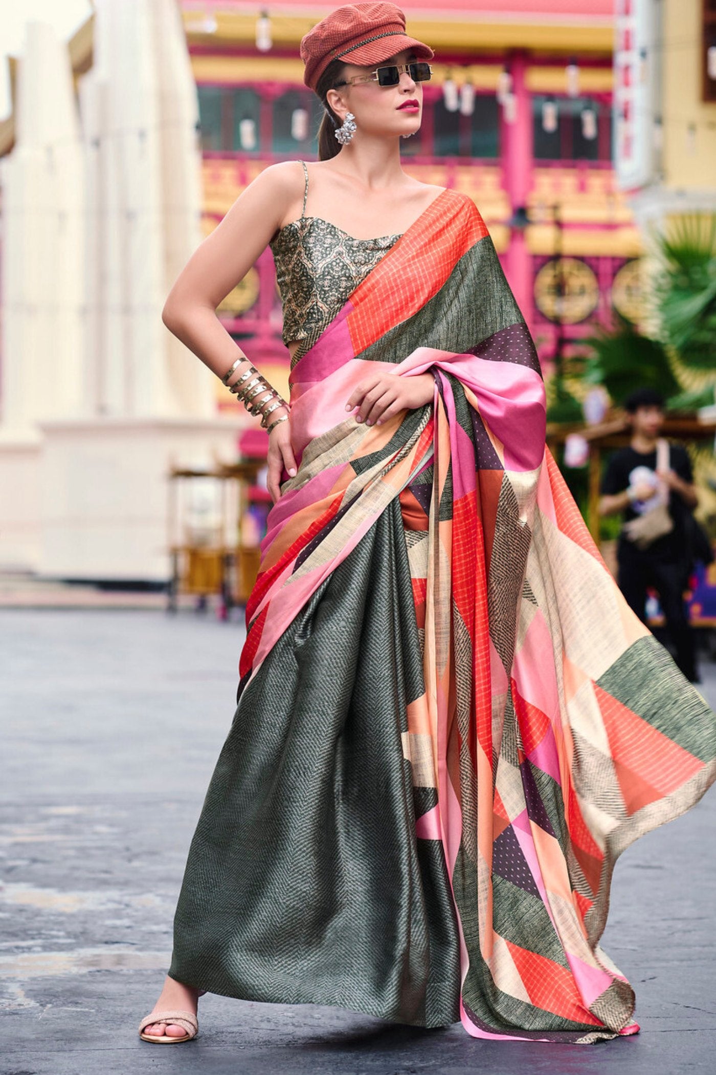 Buy MySilkLove Green Multicolor Printed Satin Crepe Silk Saree Online