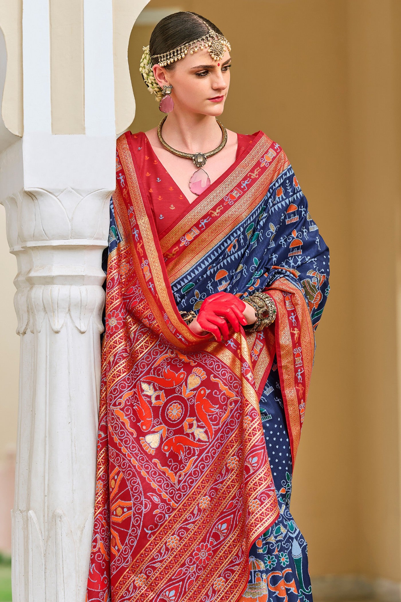 Buy MySilkLove Oxford Blue and Red Printed Patola Saree Online