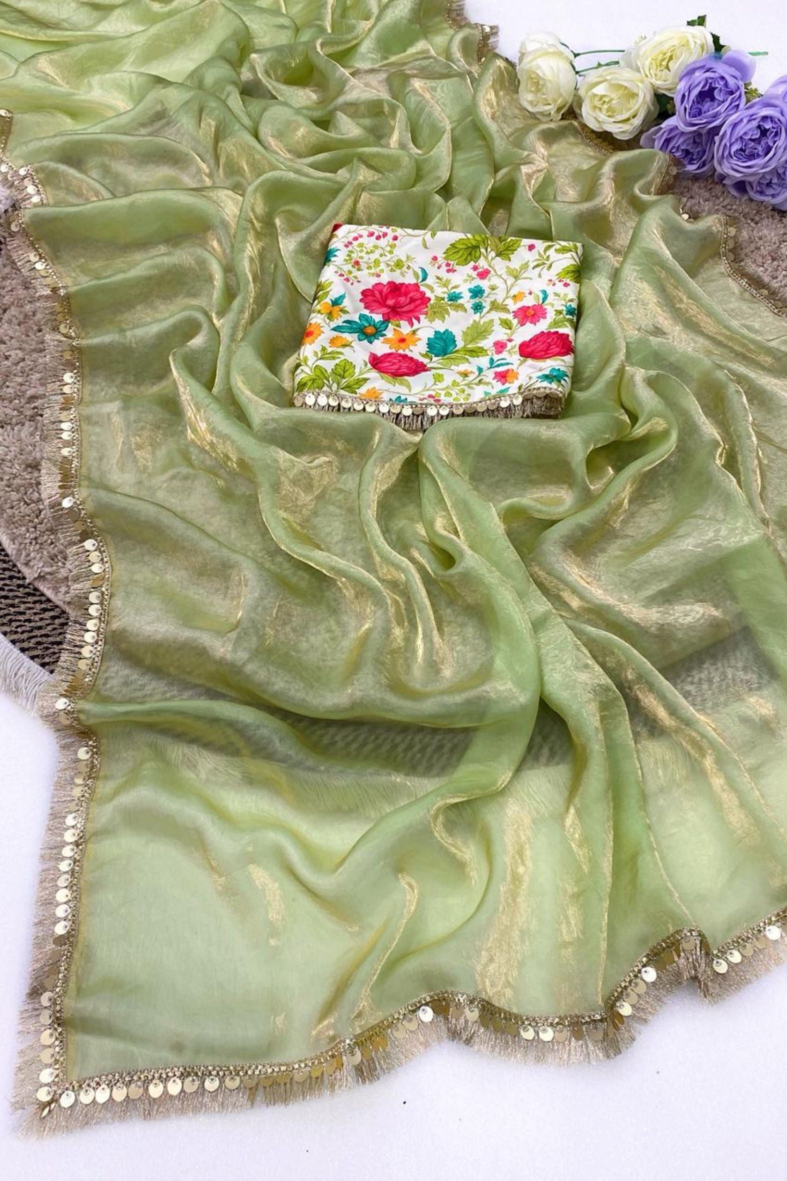 Buy MySilkLove Alabaster White Fancy Tissue Lace Saree With Printed Blouse Online