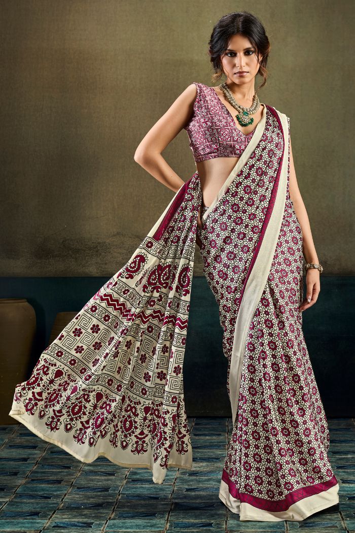 Buy MySilkLove Salt Cream and Maroon Modal Ajrakh Satin Printed Silk Saree Online