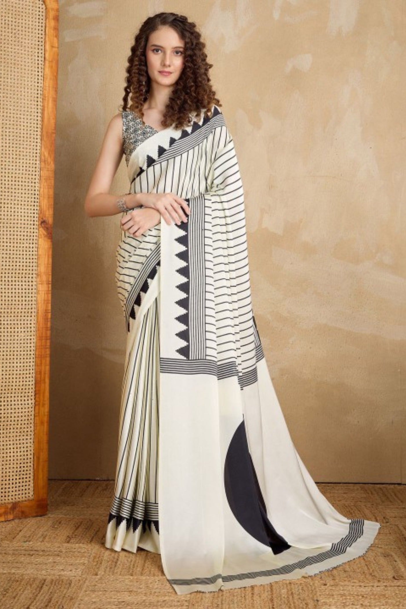 Buy MySilkLove Zebra White Ajrakh Printed Satin Crepe Silk Saree Online