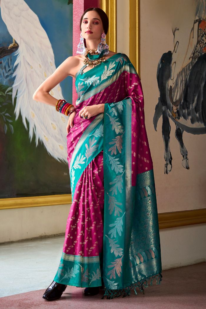 Buy MySilkLove Rose Bud Cherry Purple and Green Banarasi Soft Silk Saree Online