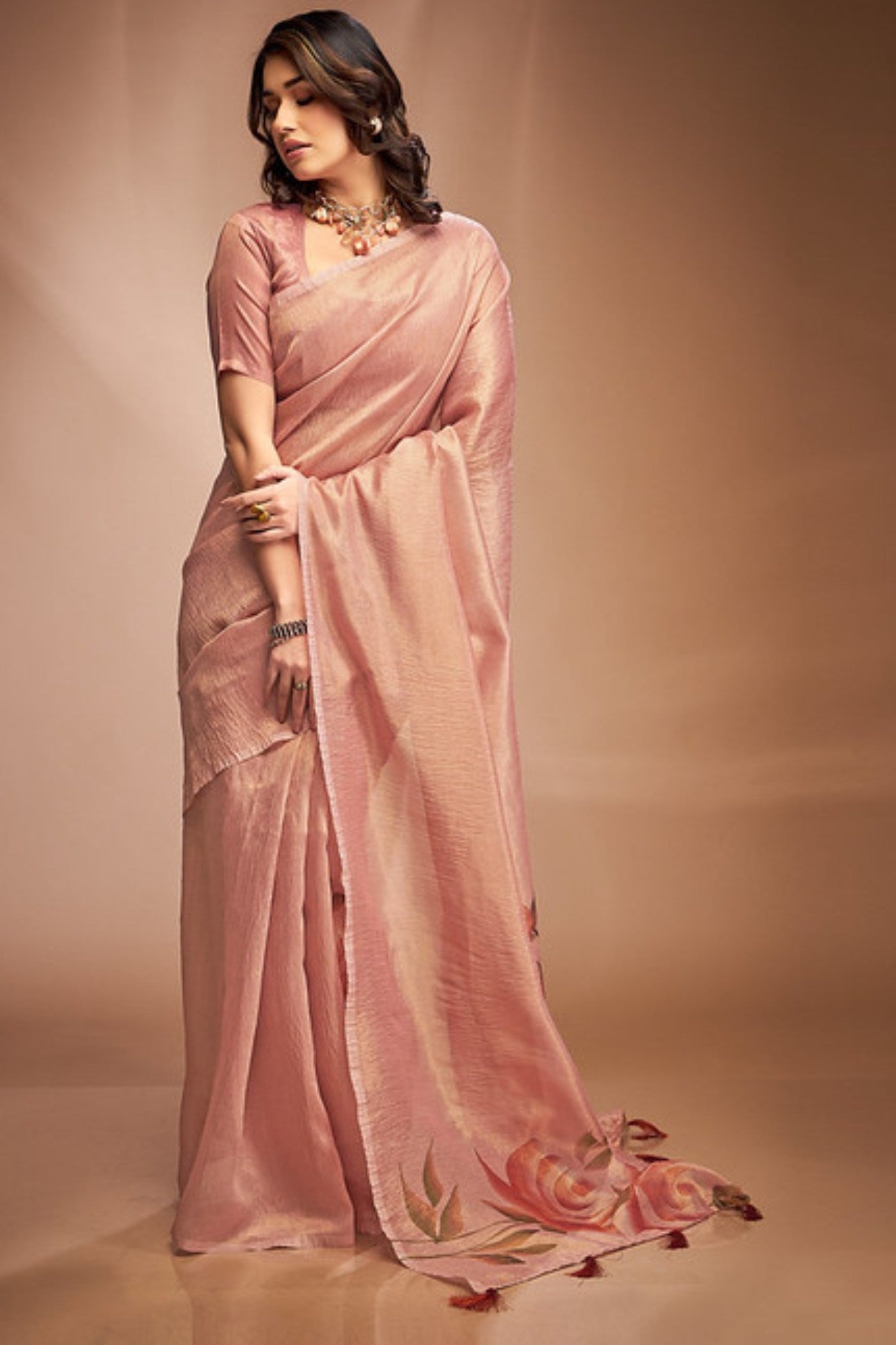 MySilkLove Tiffany Peach Printed Tissue Saree