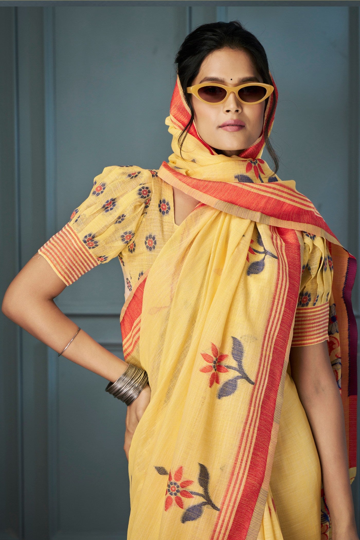 Buy MySilkLove Sunset Pearl Yellow Handloom Linen Saree Online