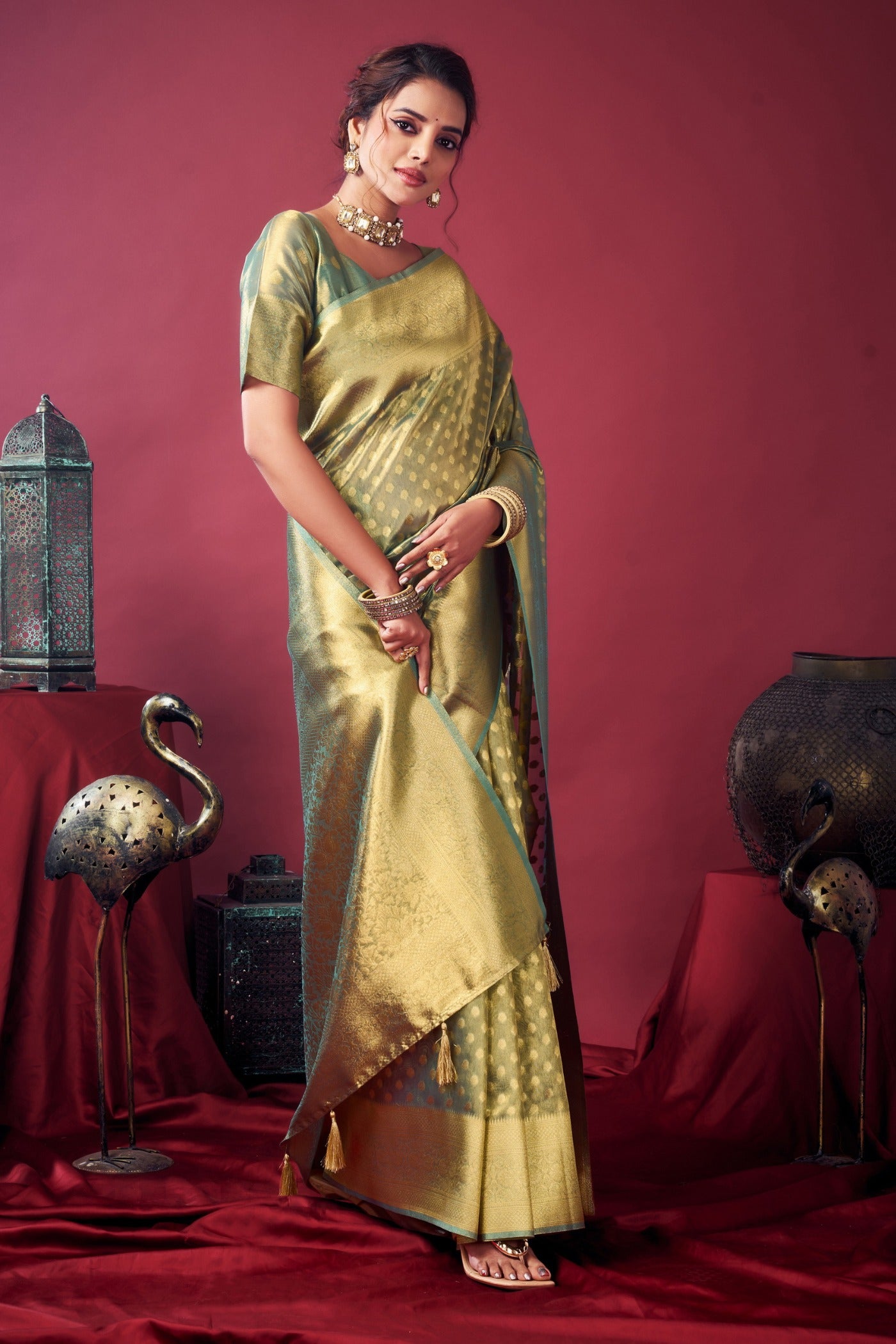 Buy MySilkLove Pine Green Handloom Tissue Silk Saree Online