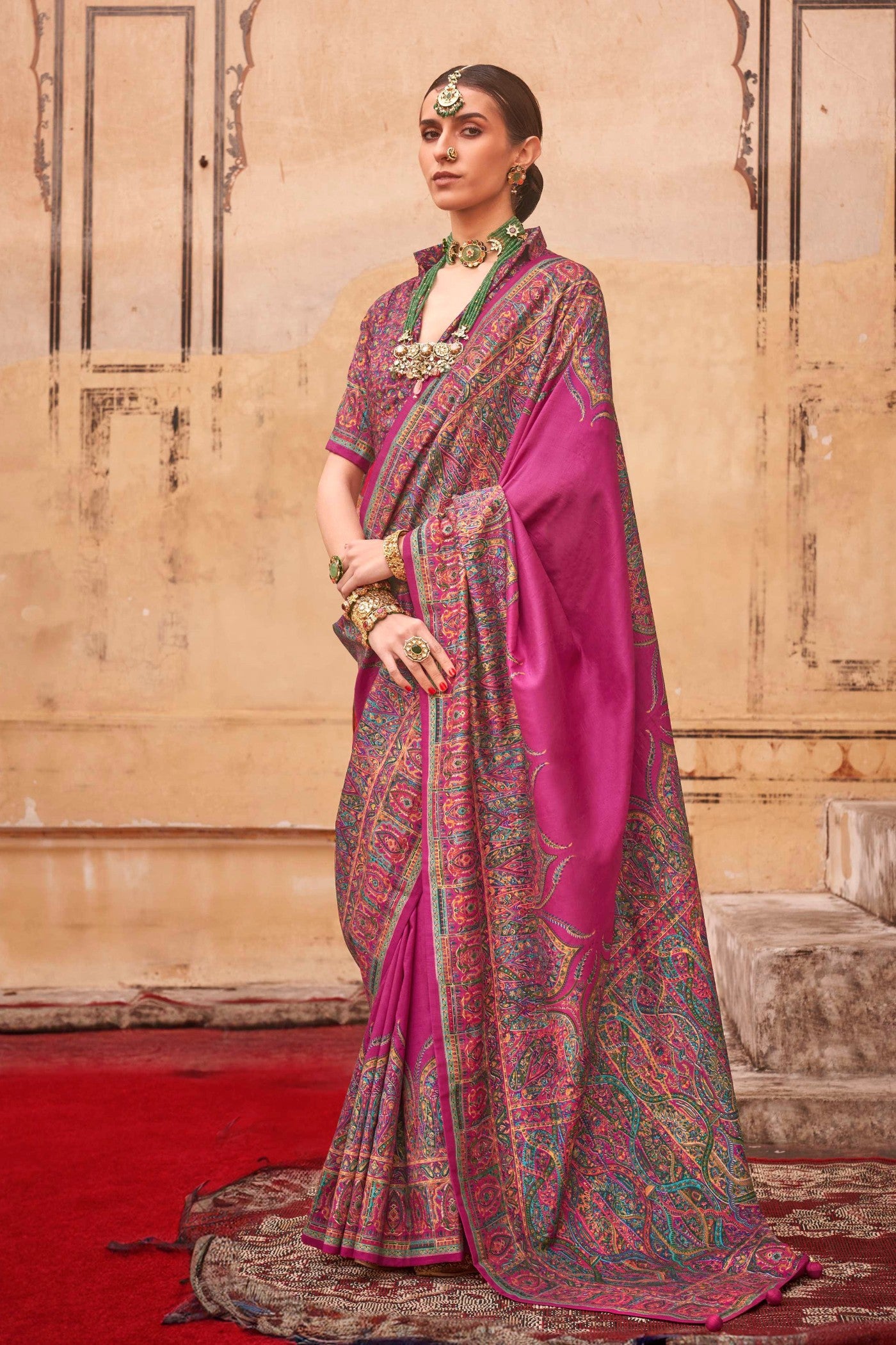 Buy MySilkLove Rouge Pink Printed Jamawar Saree Online