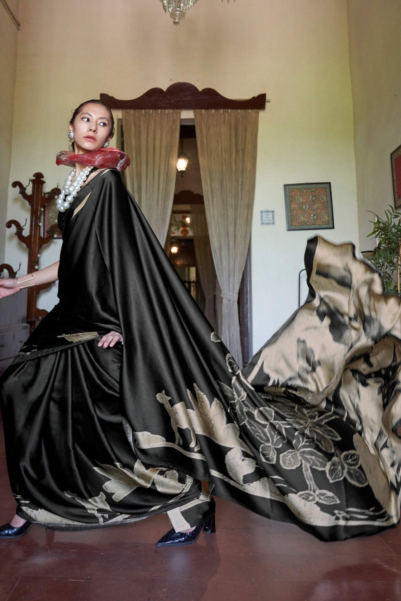 Buy MySilkLove Soot Black Printed Satin Crepe Silk Saree Online