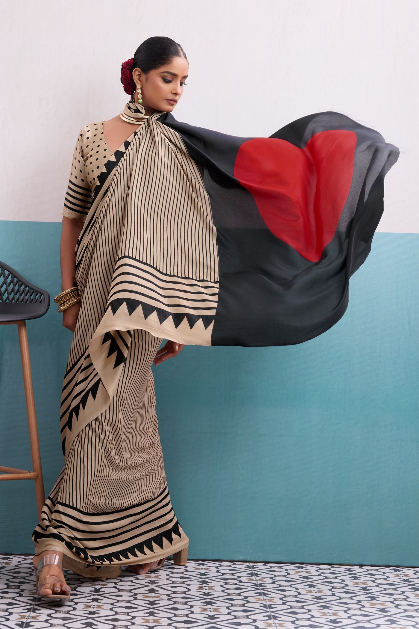 MySilkLove Serenity Cream Stripe Ajrakh Printed Satin Crepe Silk Saree